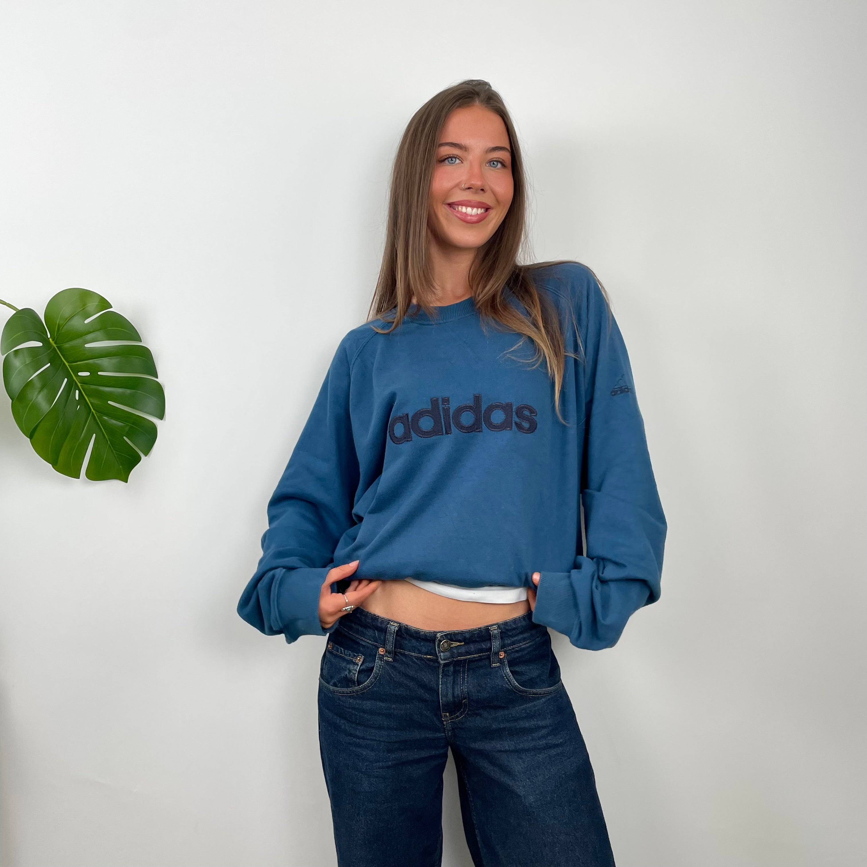 Adidas Blue Embroidered Spell Out Sweatshirt (XL)