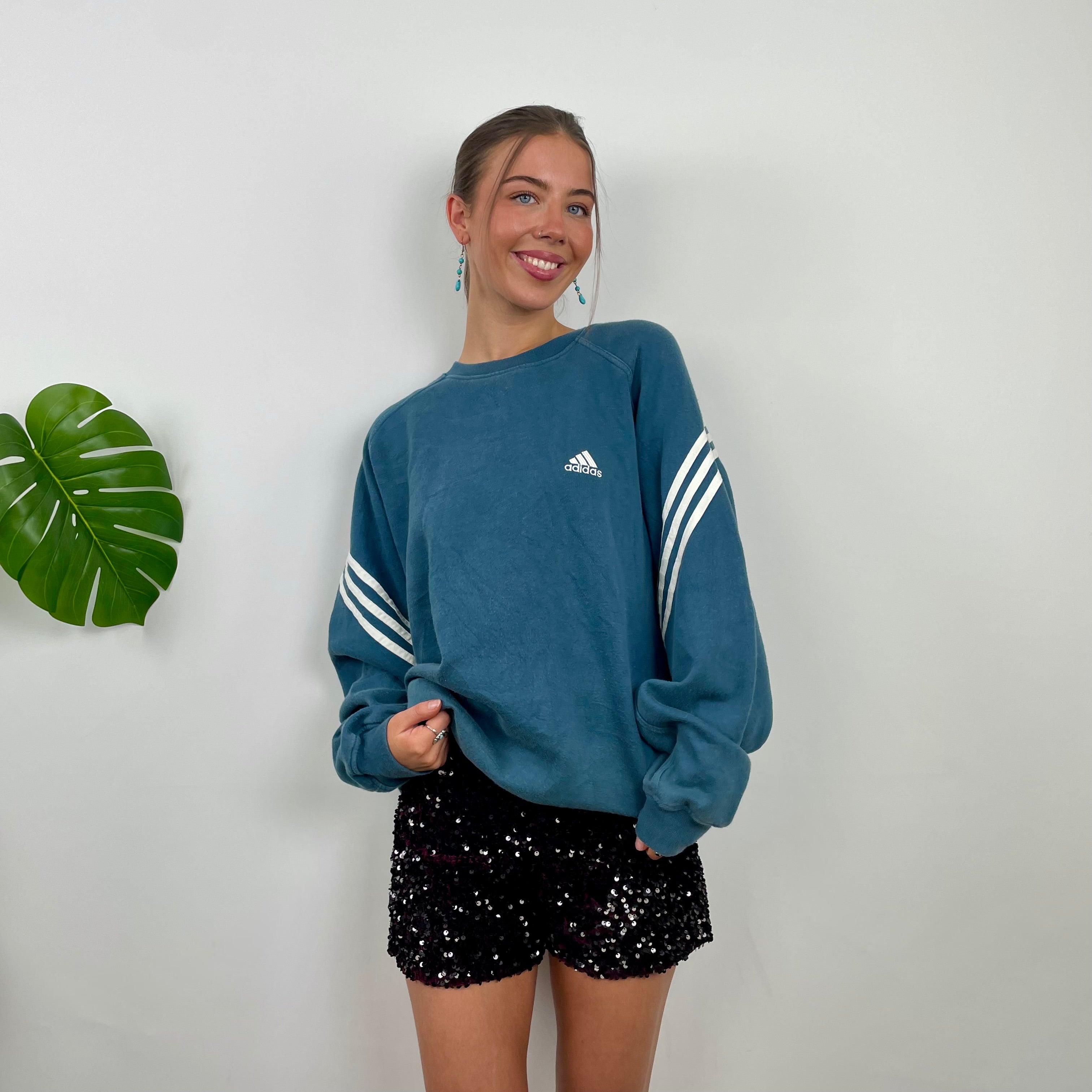 Adidas Blue Embroidered Spell Out Sweatshirt (XL)