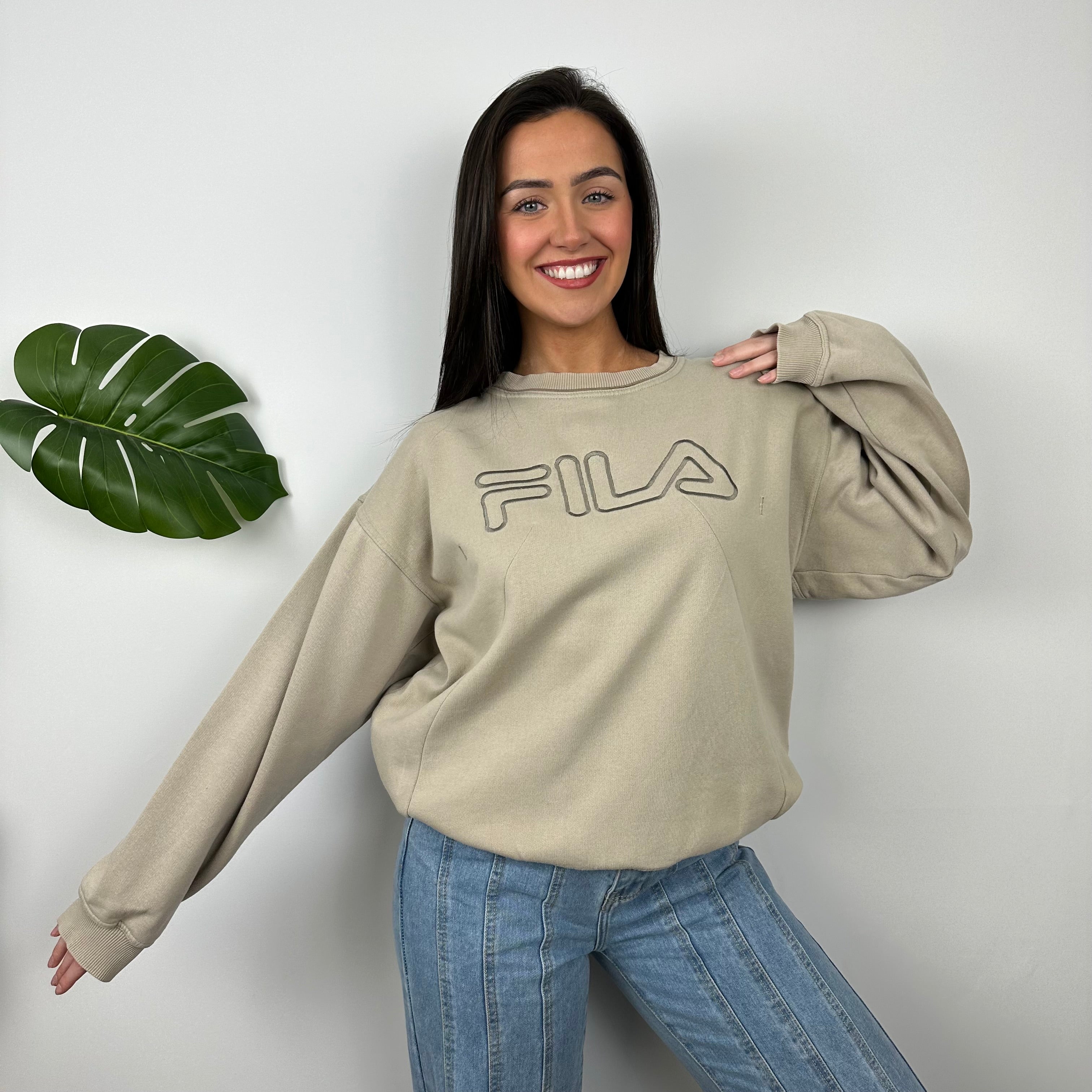 FILA Cream Embroidered Spell Out Sweatshirt (L)