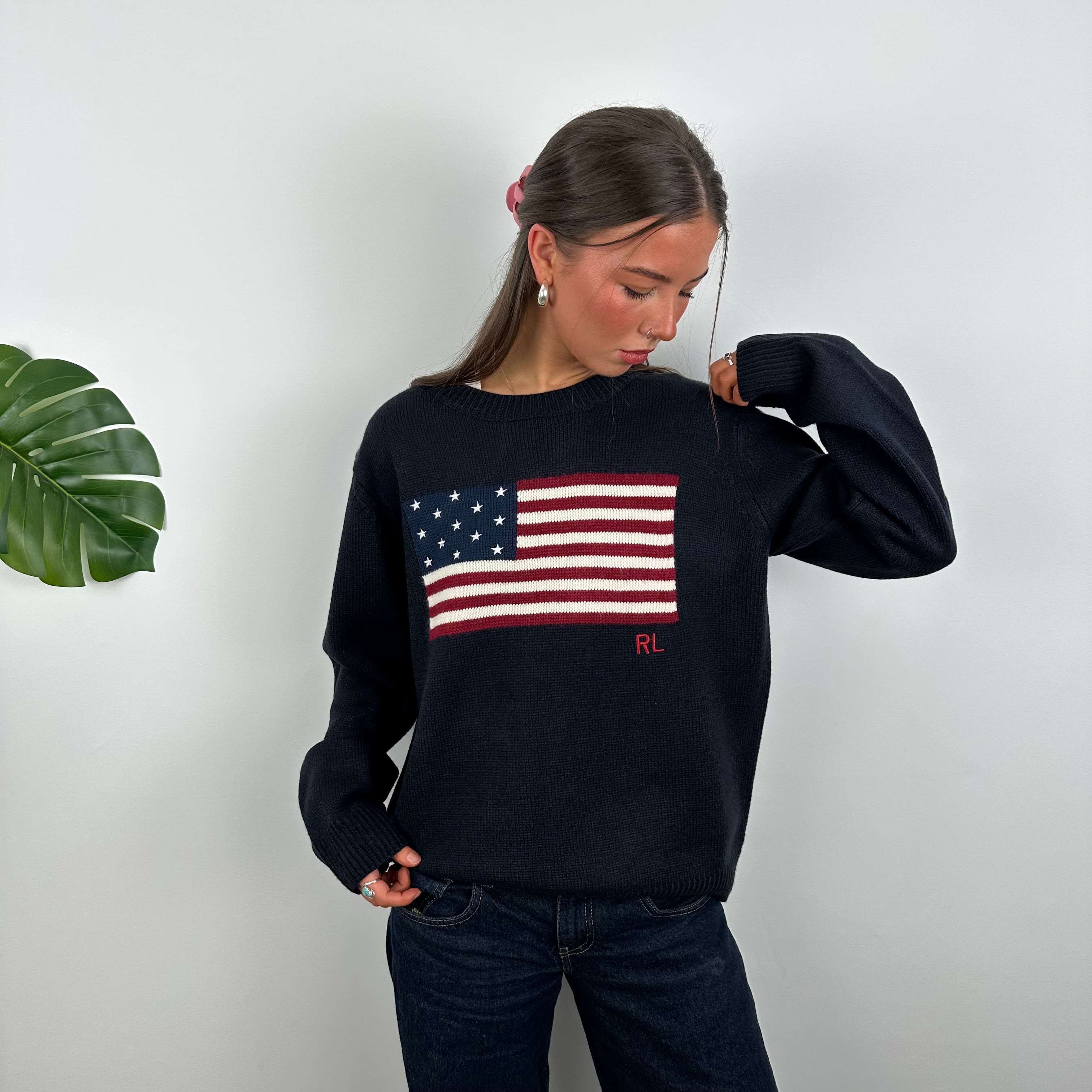 Polo Ralph Lauren Navy Embroidered Spell Out Knitted Sweater (M)