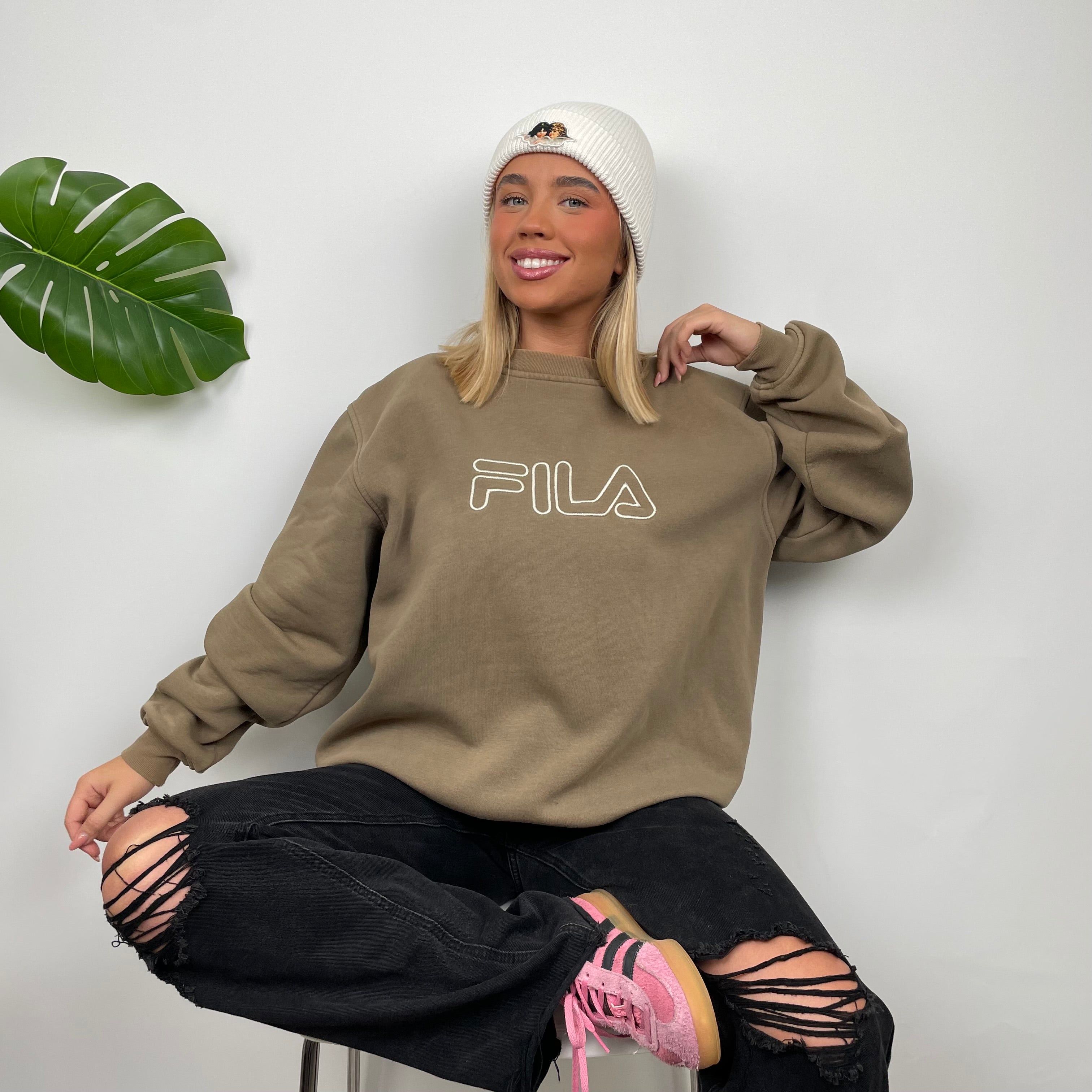 FILA Tan Brown Embroidered Spell Out Sweatshirt (L)