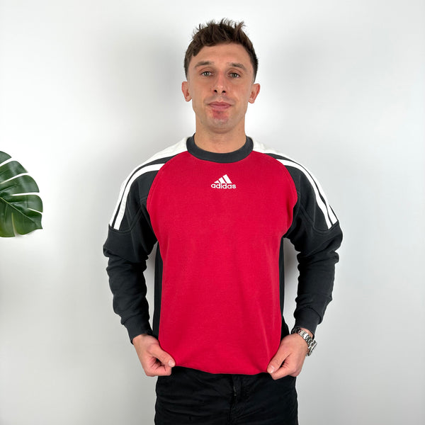 Adidas Red & Black Embroidered Spell Out Colour Block Sweatshirt (L)