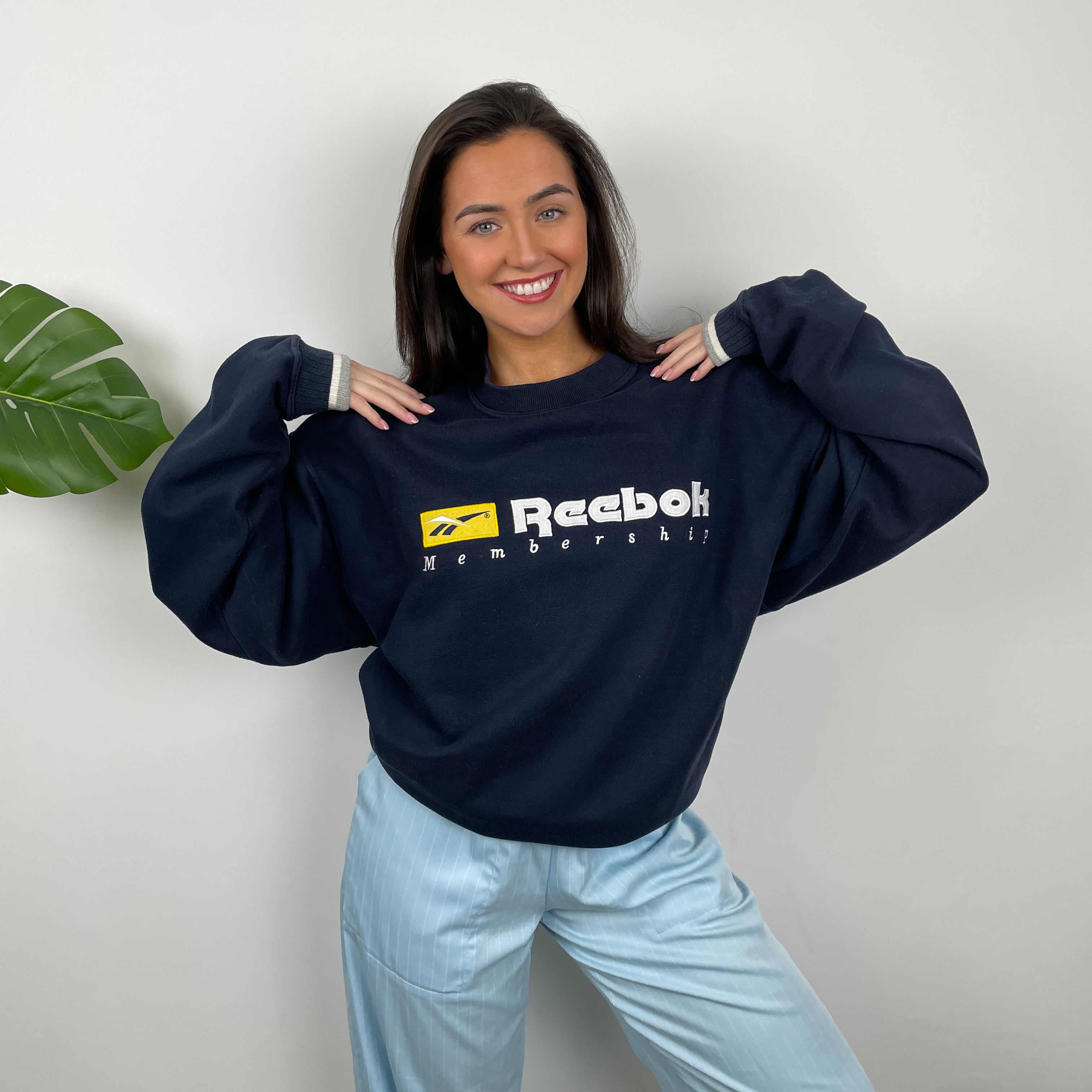 Reebok Membership RARE Navy Embroidered Spell Out Sweatshirt (XL)