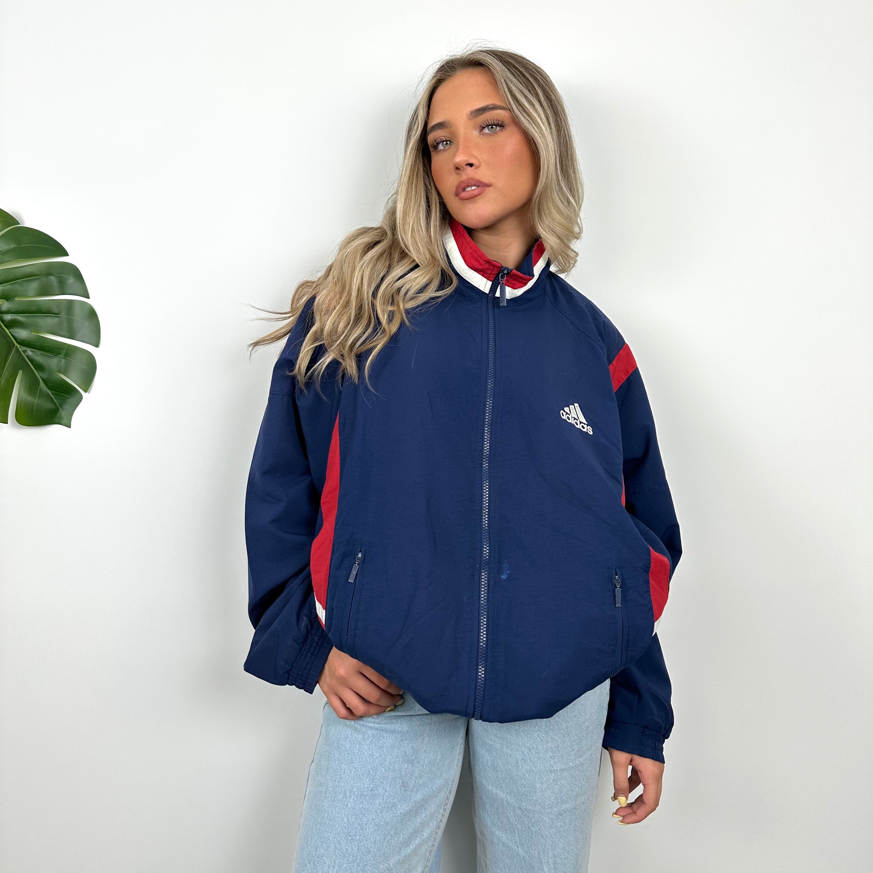 Adidas Navy Embroidered Spell Out Windbreaker Jacket (L)