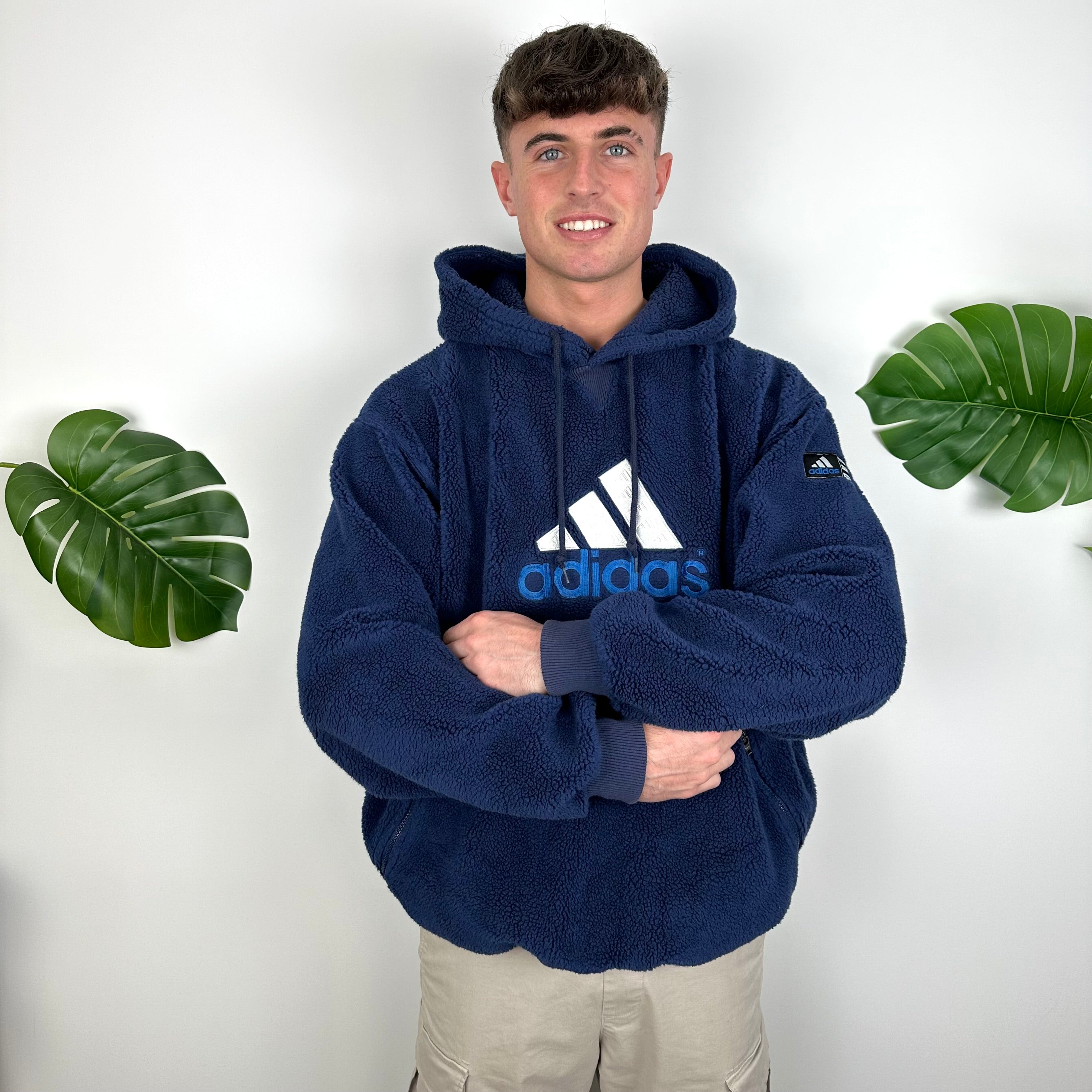 Adidas RARE Navy Embroidered Spell Out Teddy Bear Sherpa Fleece Hoodie Jamie Online Vintage