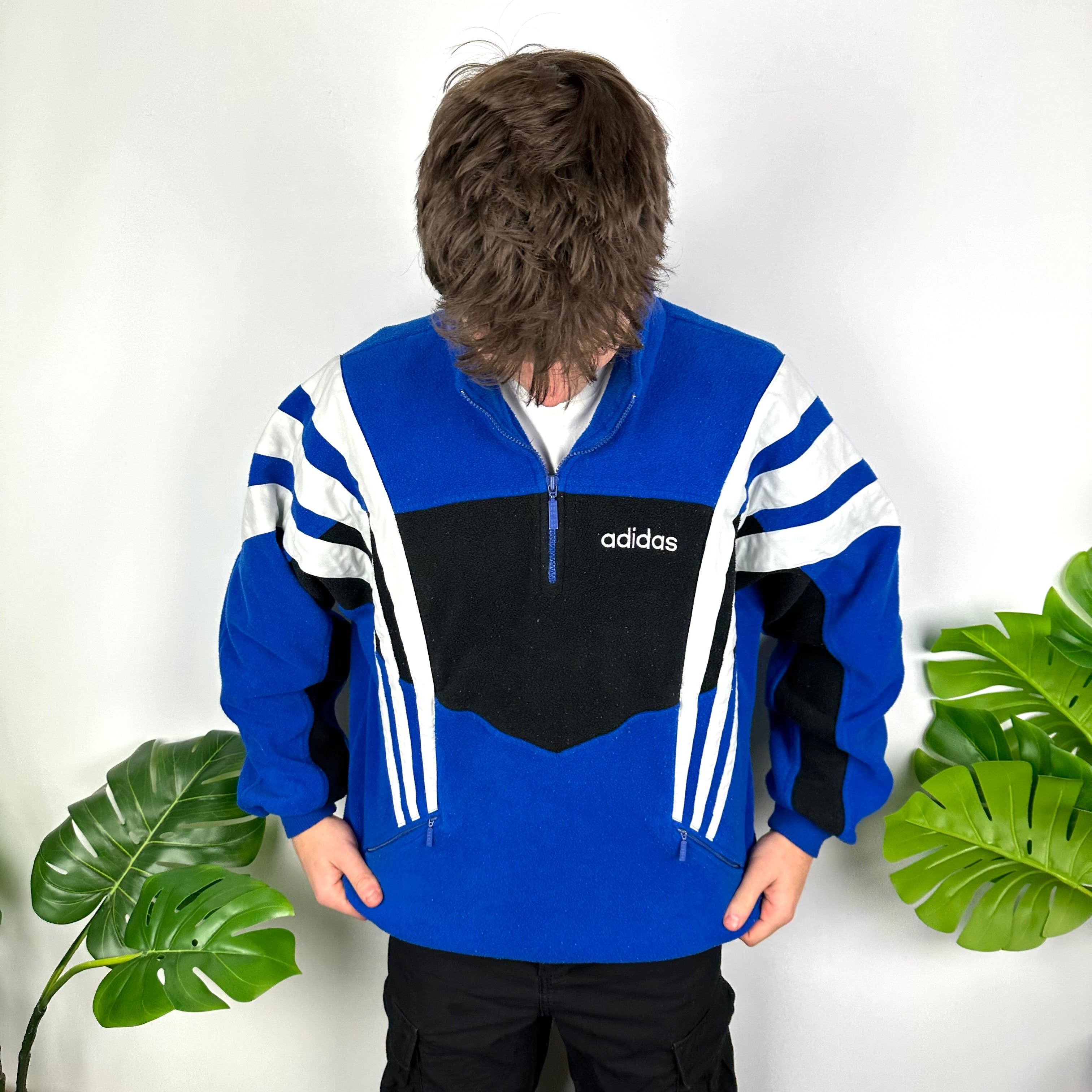 Adidas Blue Colour Block Embroidered Spell Out Teddy Bear Fleece Quarter Zip Sweatshirt (L)