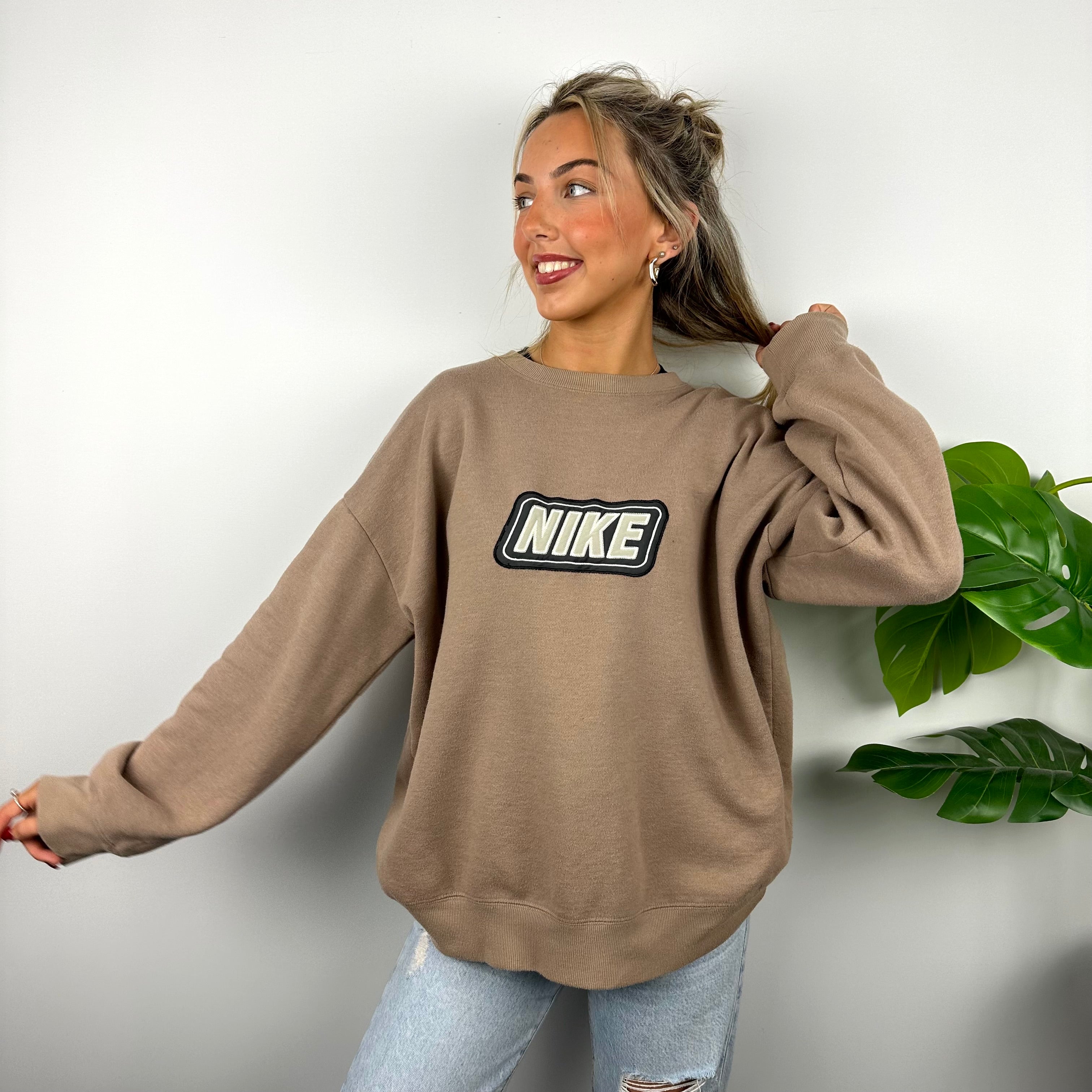 Nike Tan Brown Embroidered Spell Out Sweatshirt (L)