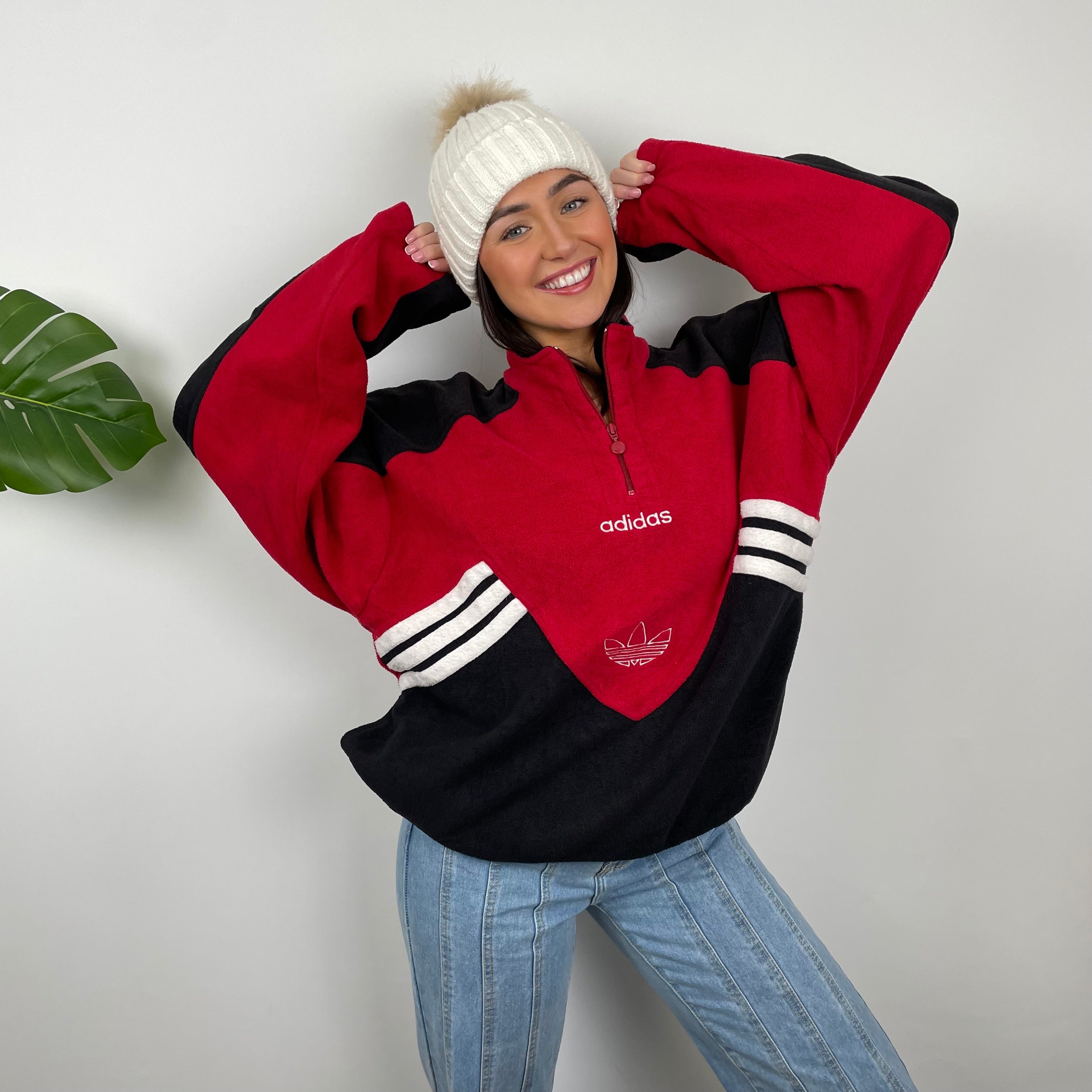Adidas Red Colour Block Embroidered Spell Out Teddy Bear Fleece Quarter Zip Sweatshirt (XL)