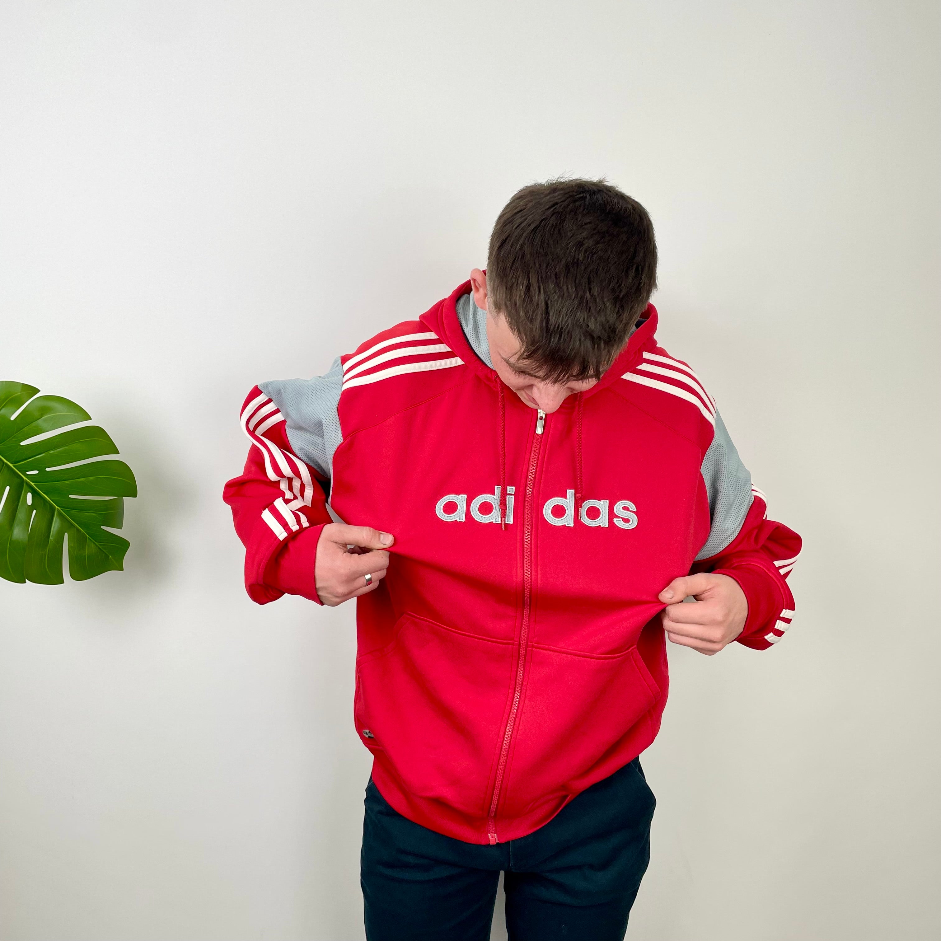 Adidas Red  Embroidered Spell Out Zip Up Hoodie Jacket (L)