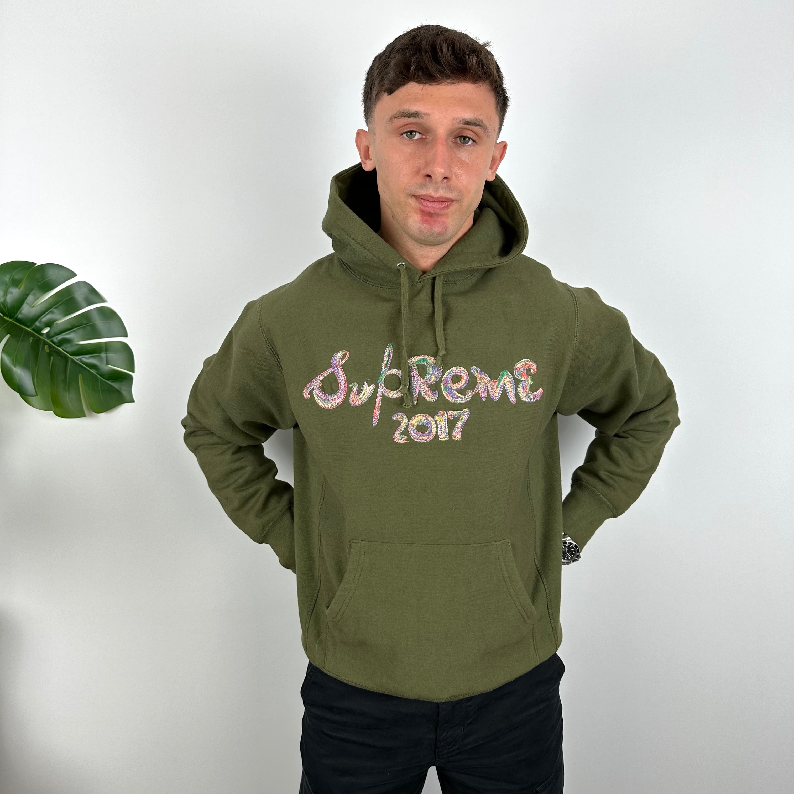 Supreme 2017 Khaki Green Brush Logo Embroidered Spell Out Hoodie (M)