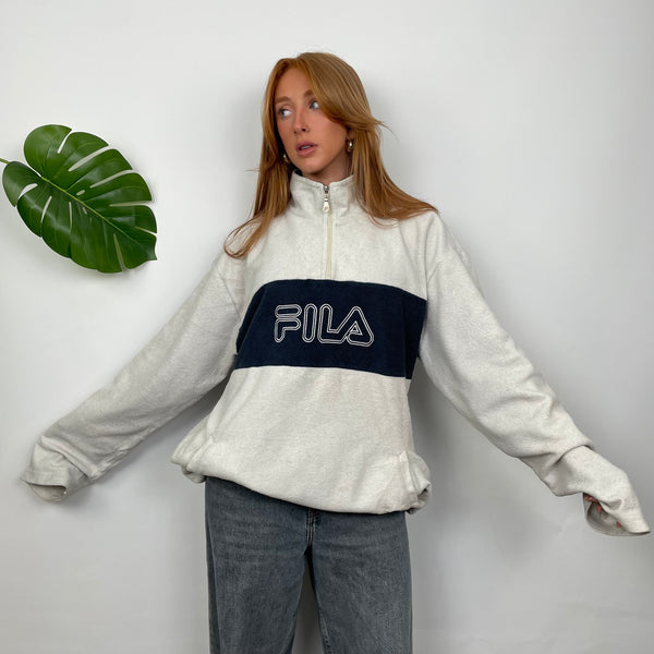 FILA White Embroidered Spell Out Teddy Bear Fleece Quarter Zip Sweatshirt (L)