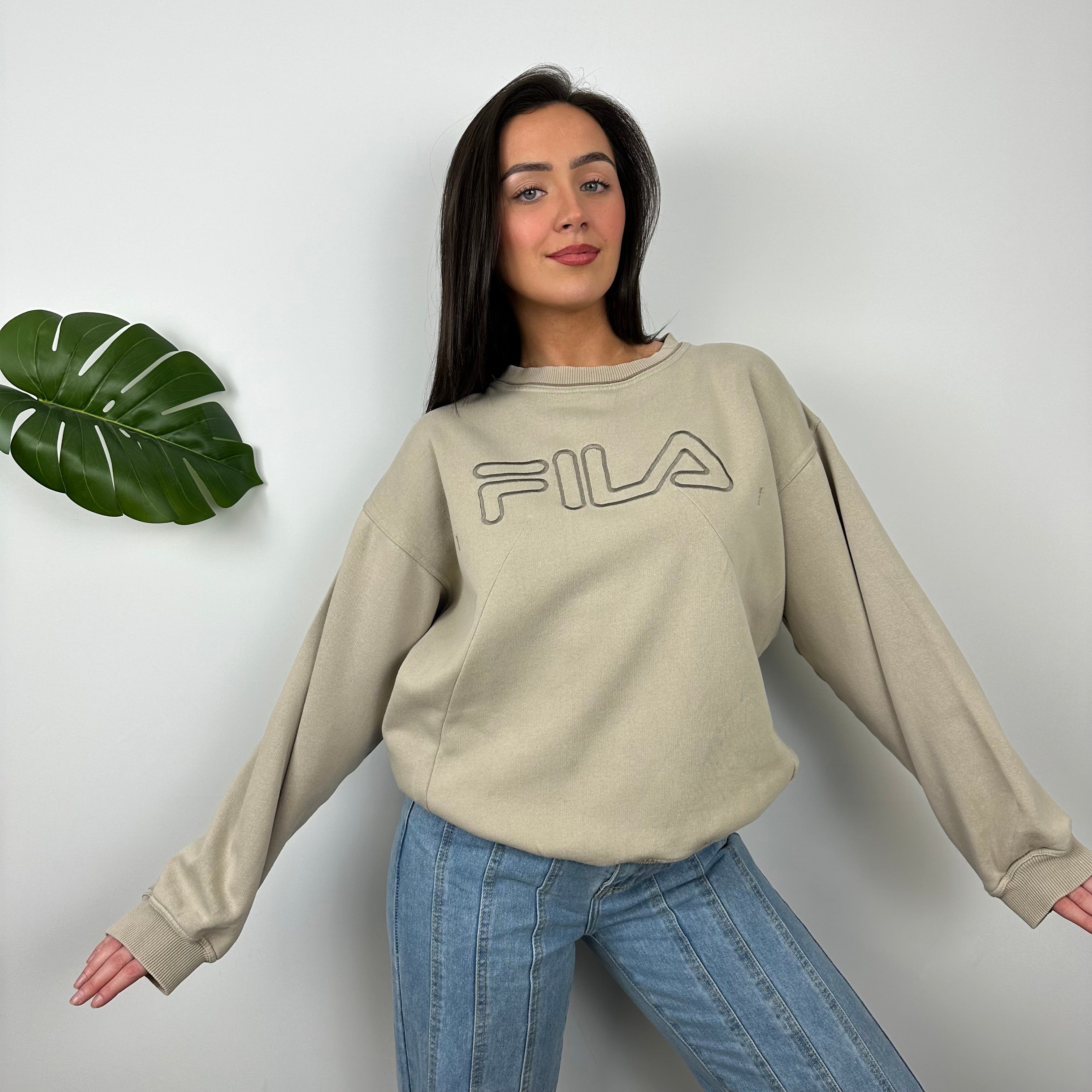 FILA Cream Embroidered Spell Out Sweatshirt (L)