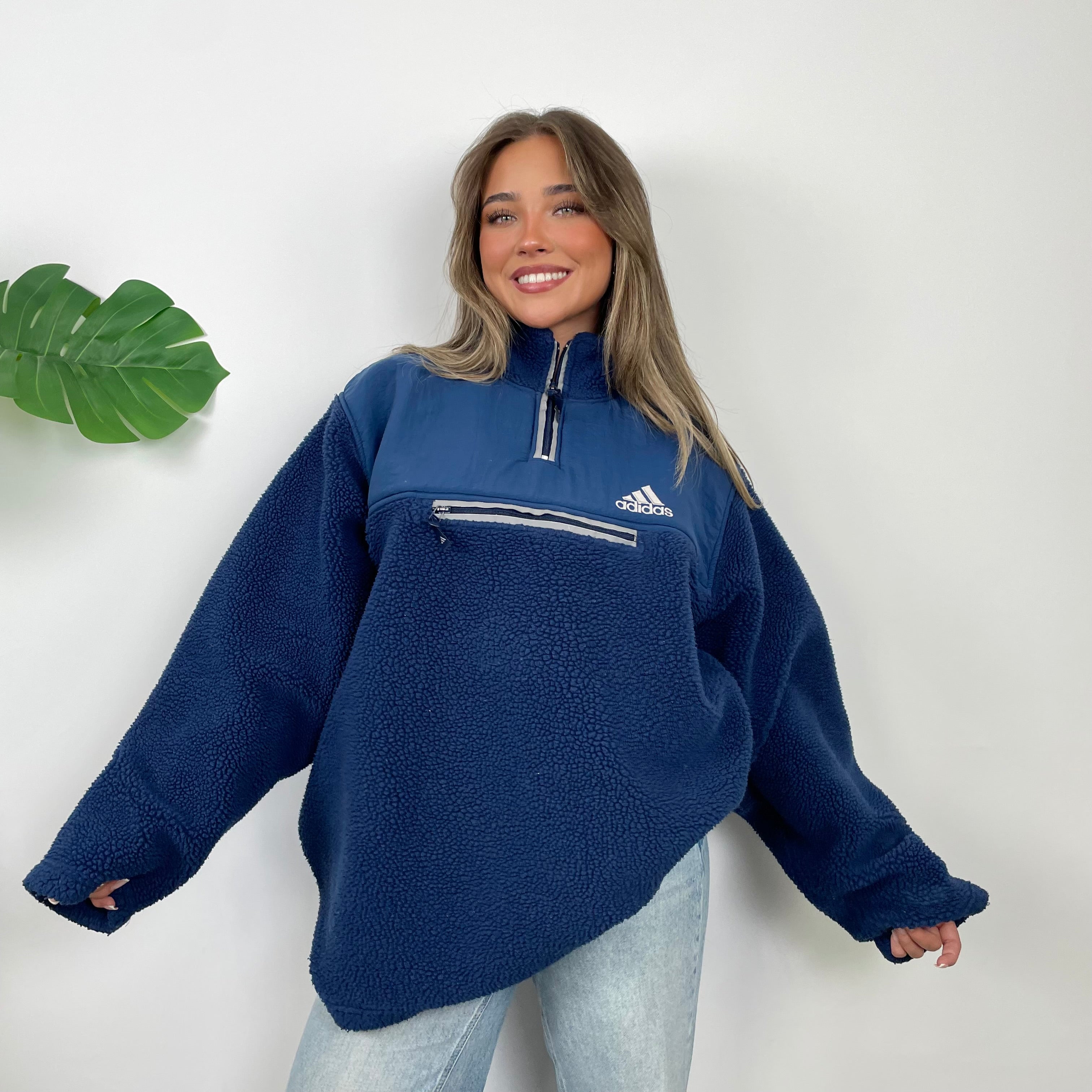 Adidas Navy Embroidered Spell Out Teddy Bear Sherpa Fleece Quarter Zip Sweatshirt (XL)