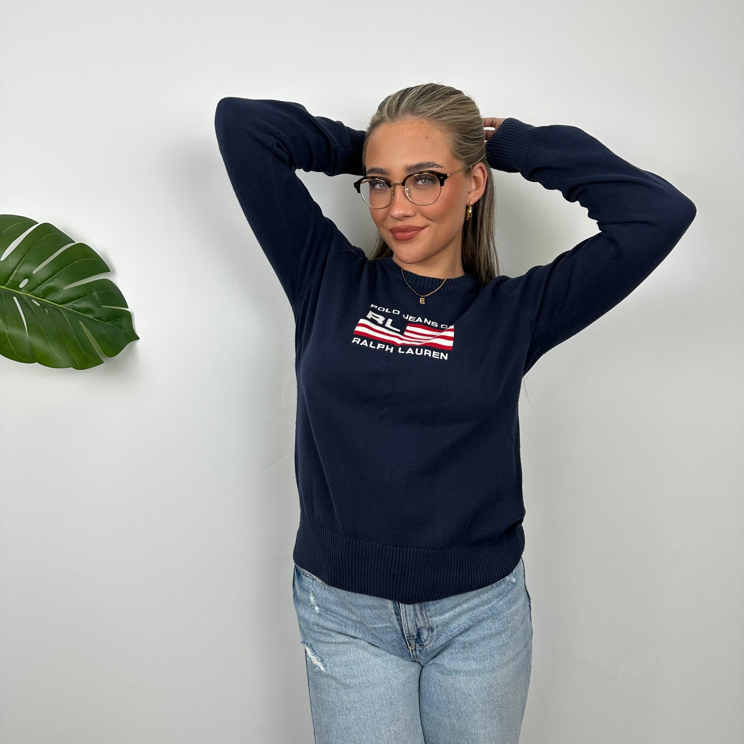 Polo Ralph Lauren RARE Navy Embroidered Spell Out Knitted Sweater (S)