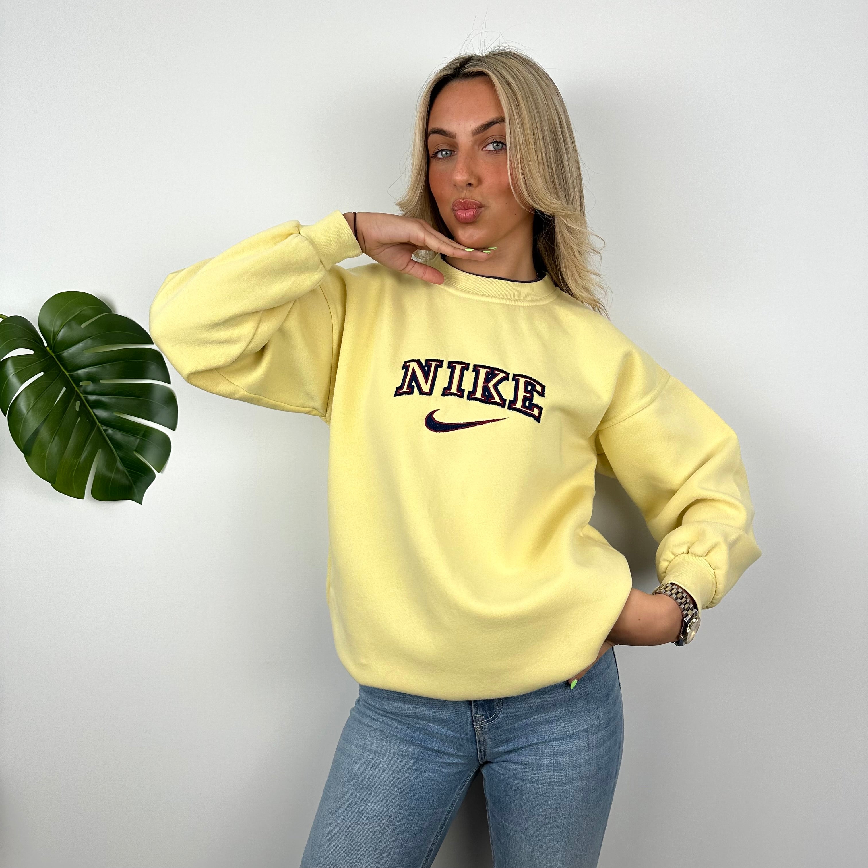 Nike Pastel Yellow Embroidered Spell Out Sweatshirt (M)