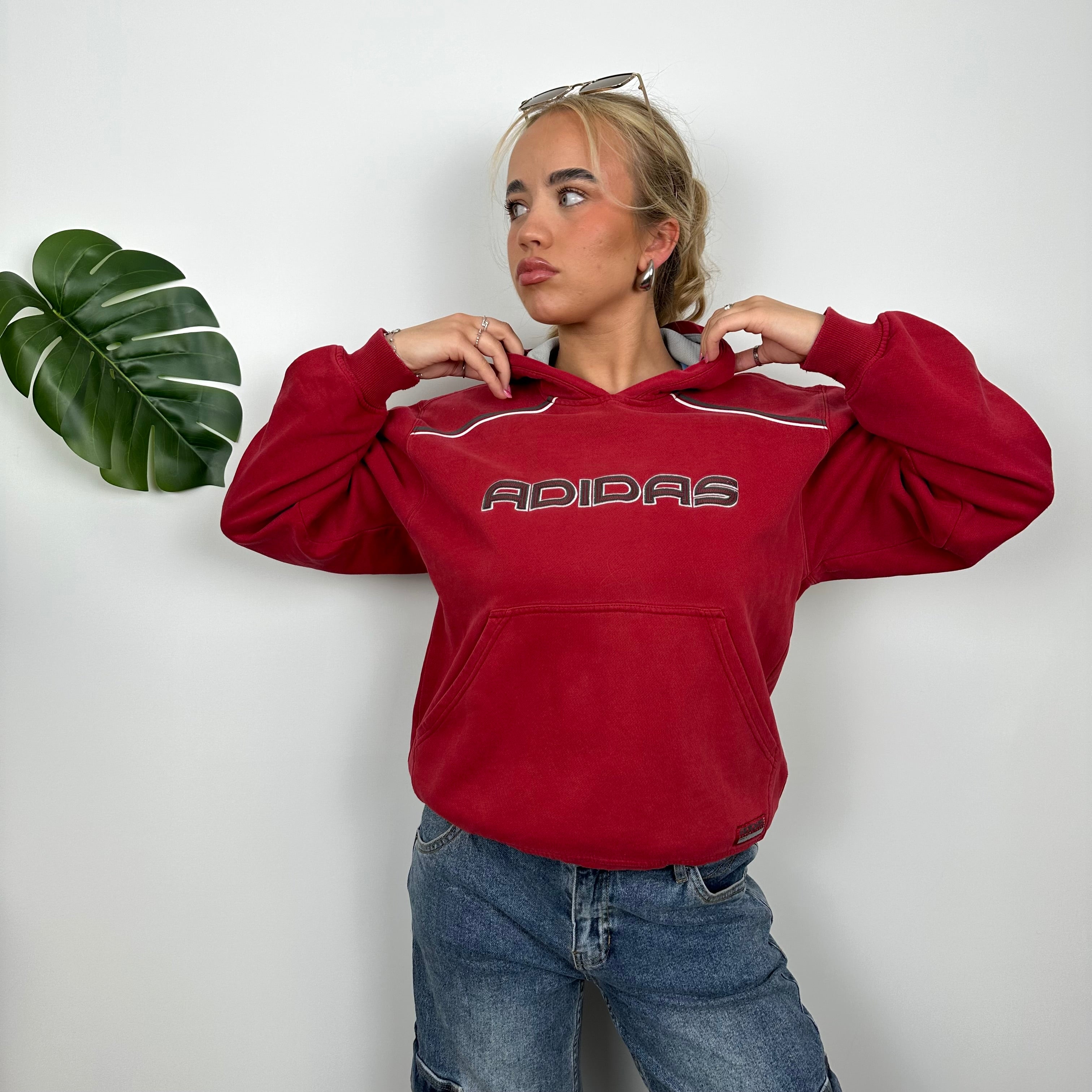 Adidas Red Embroidered Spell Out Hoodie (S)