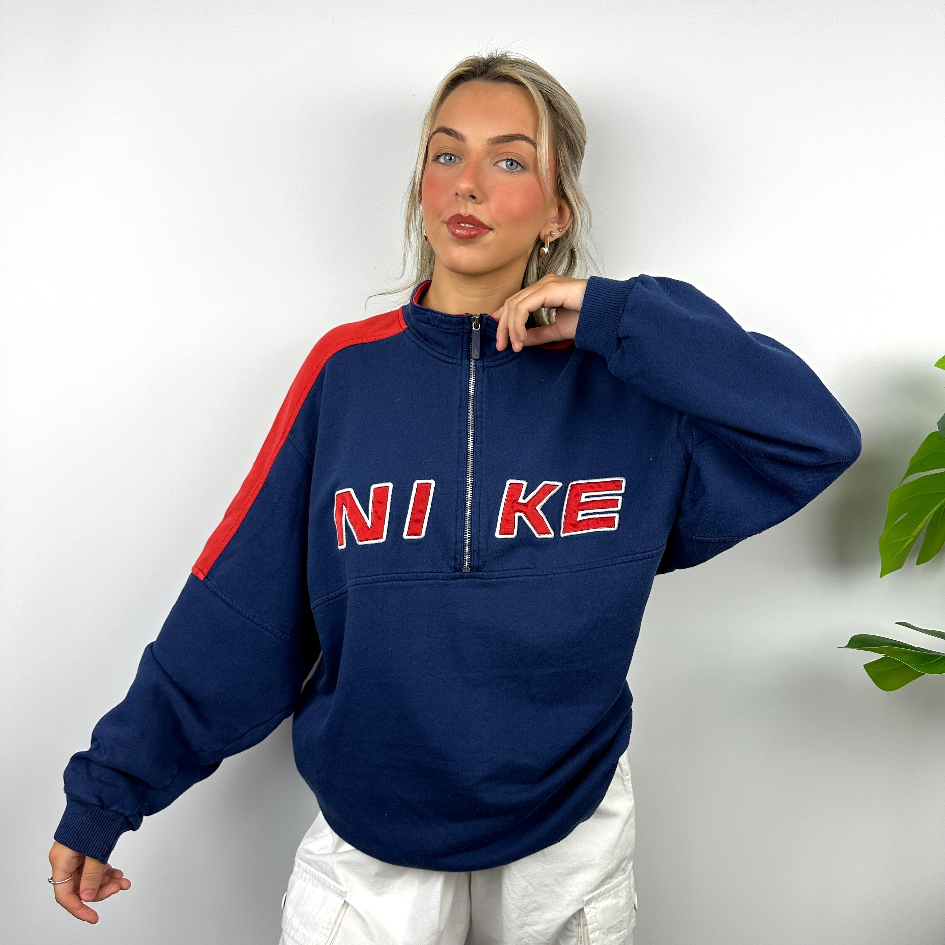 Nike Navy Embroidered Spell Out Quarter Zip Sweatshirt (XL)
