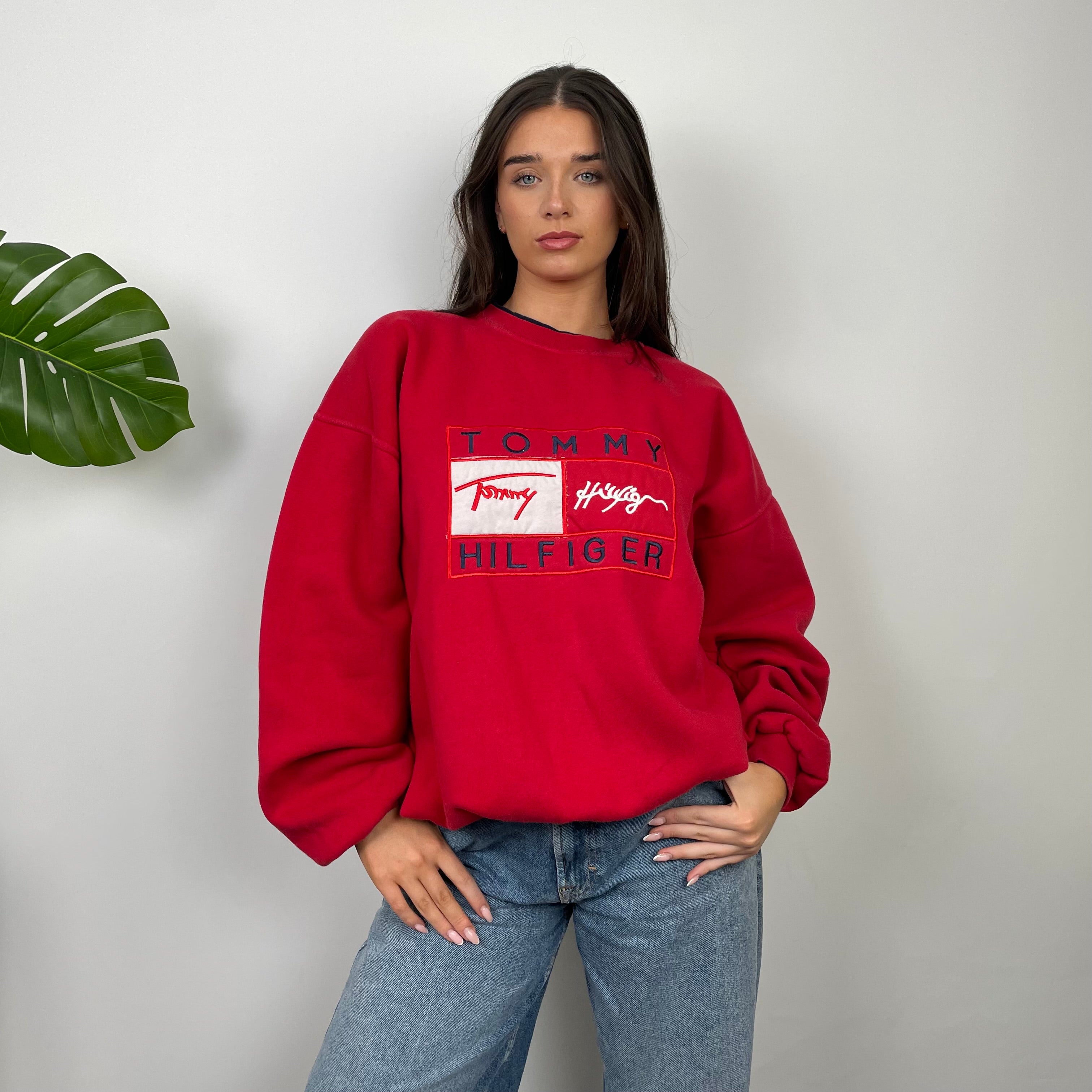 Tommy Hilfiger RARE Red Embroidered Spell Out Sweatshirt (XL)