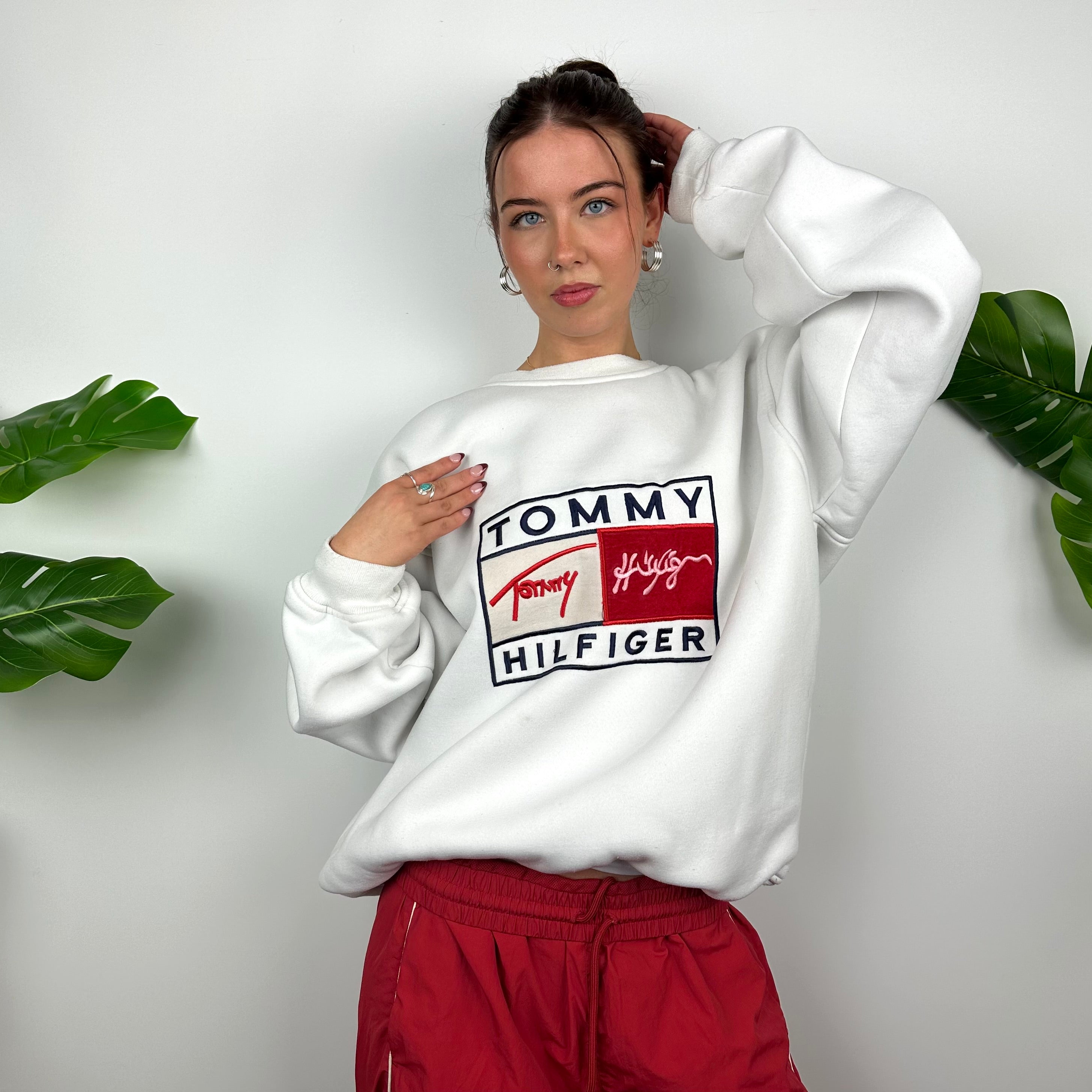 Tommy Hilfiger White Embroidered Spell Out Sweatshirt as worn by Annalivia Hynds (L)