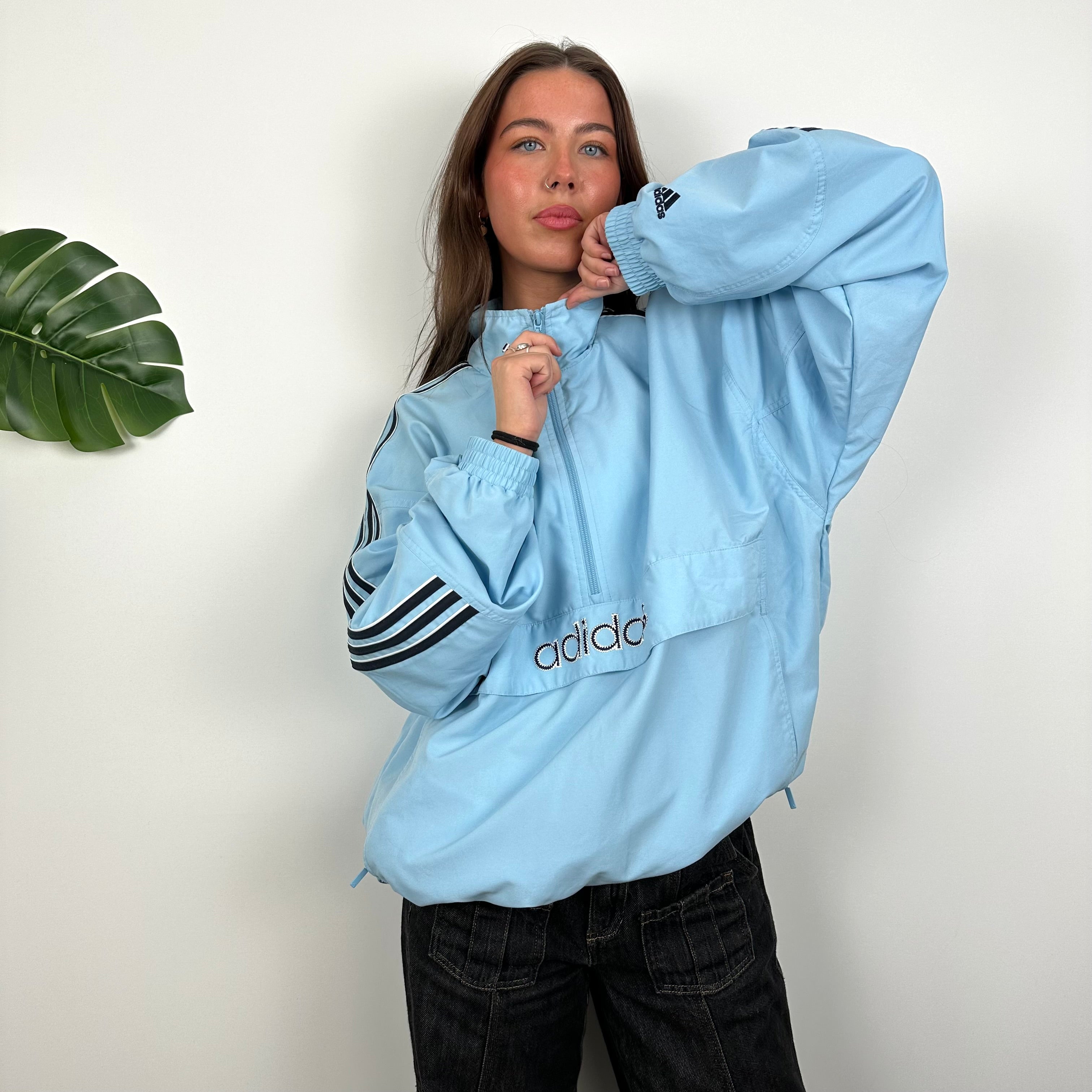 Adidas Baby Blue Embroidered Spell Out Quarter Zip Windbreaker Jacket (L)