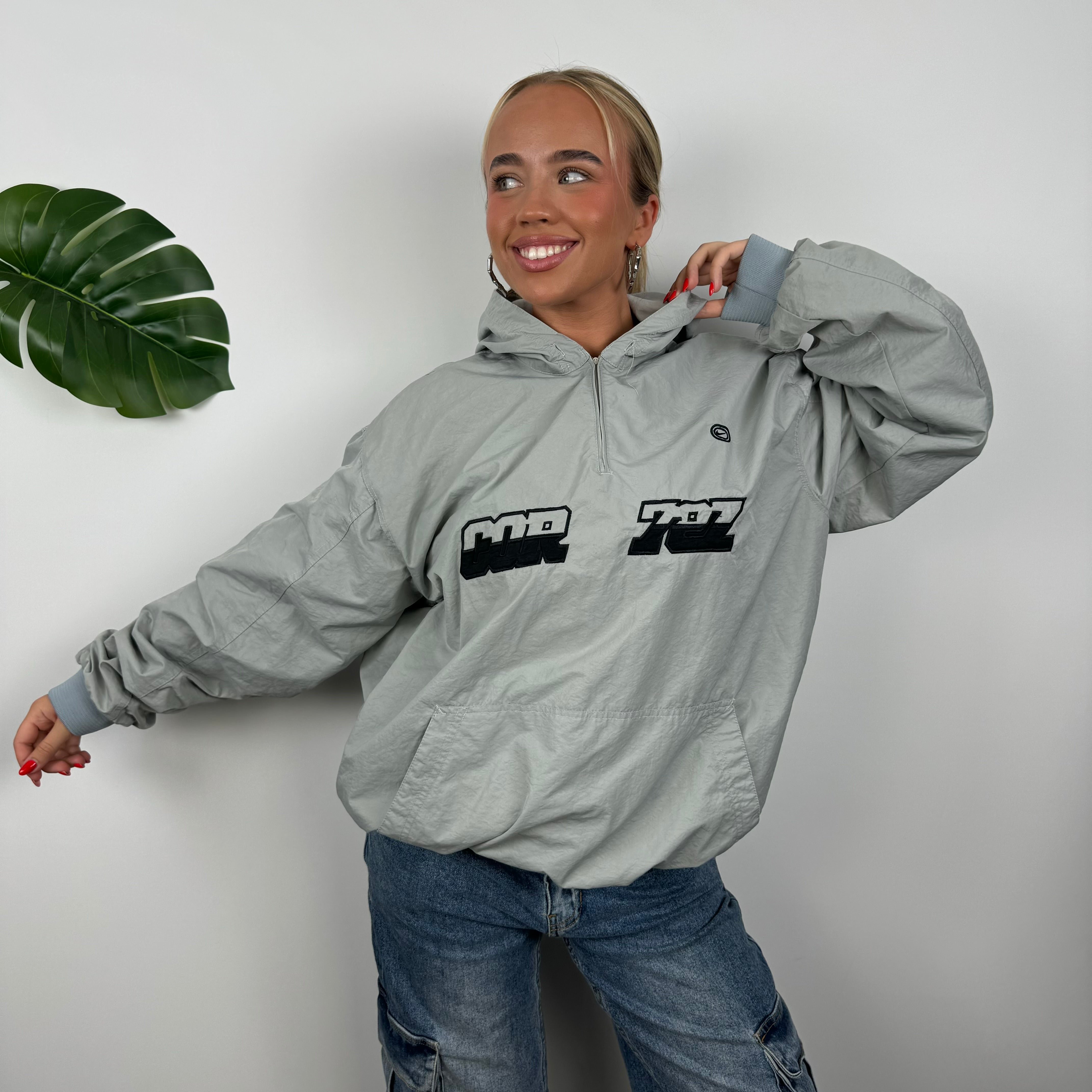 Nike Cortez Grey Embroidered Spell Out Quarter Zip Pullover Windbreaker Jacket (XL)