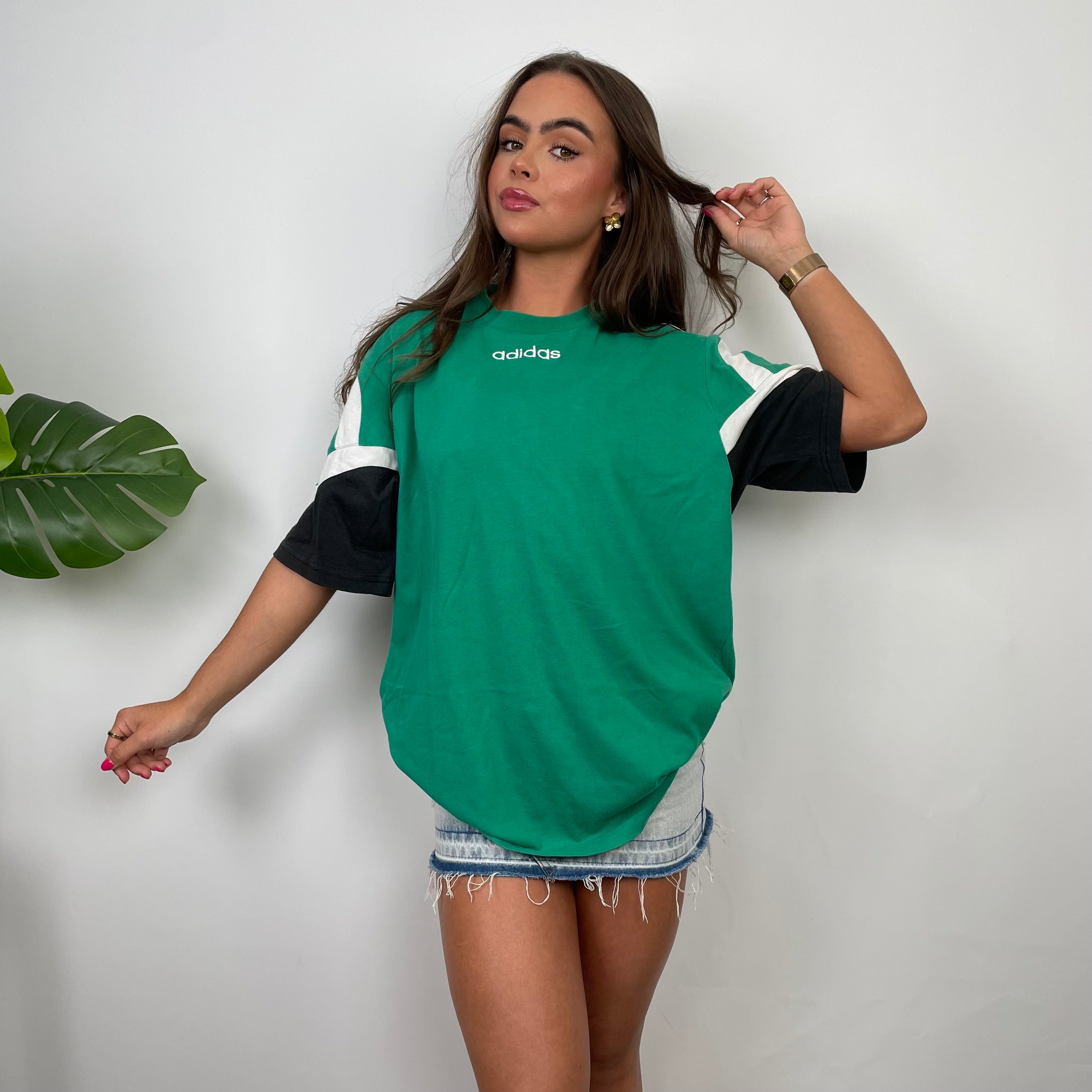 Adidas Green Embroidered Spell Out Colour Block T Shirt (L)