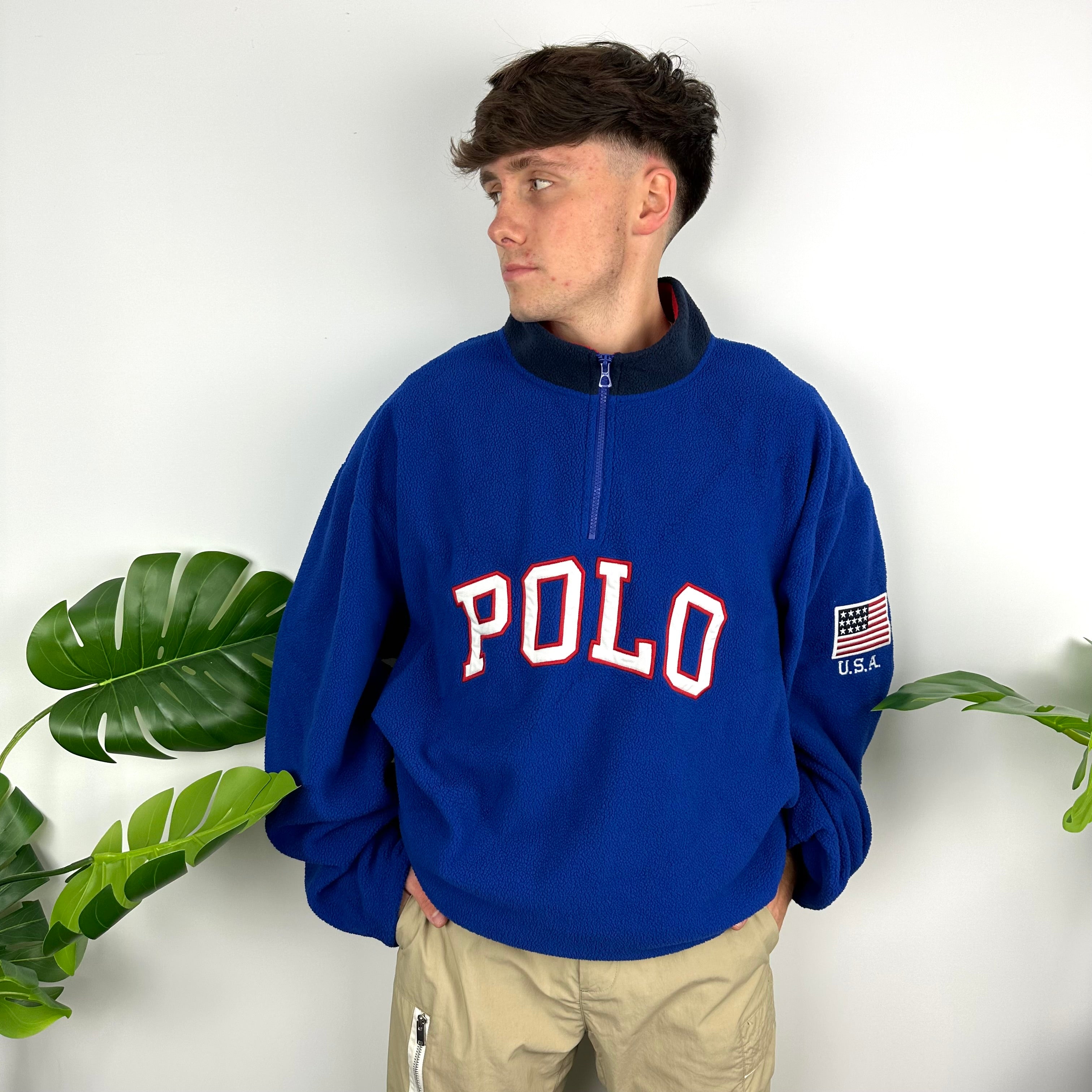 Polo Ralph Lauren Blue Embroidered Spell Out Teddy Bear Fleece Quarter Zip Sweatshirt (XXL)