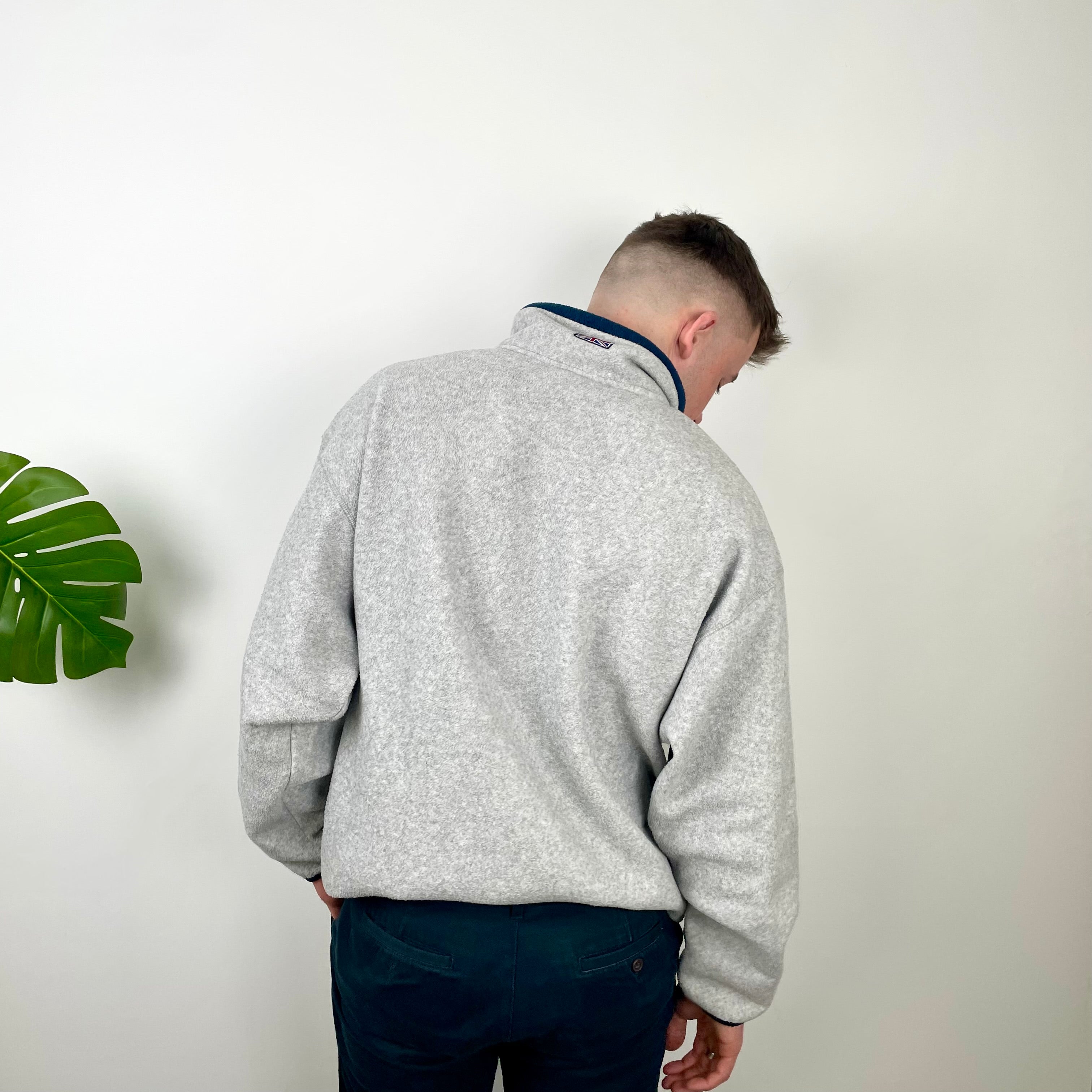 Reebok Classic RARE Grey Embroidered Spell Out Teddy Bear Fleece Quarter Zip Sweatshirt (L)