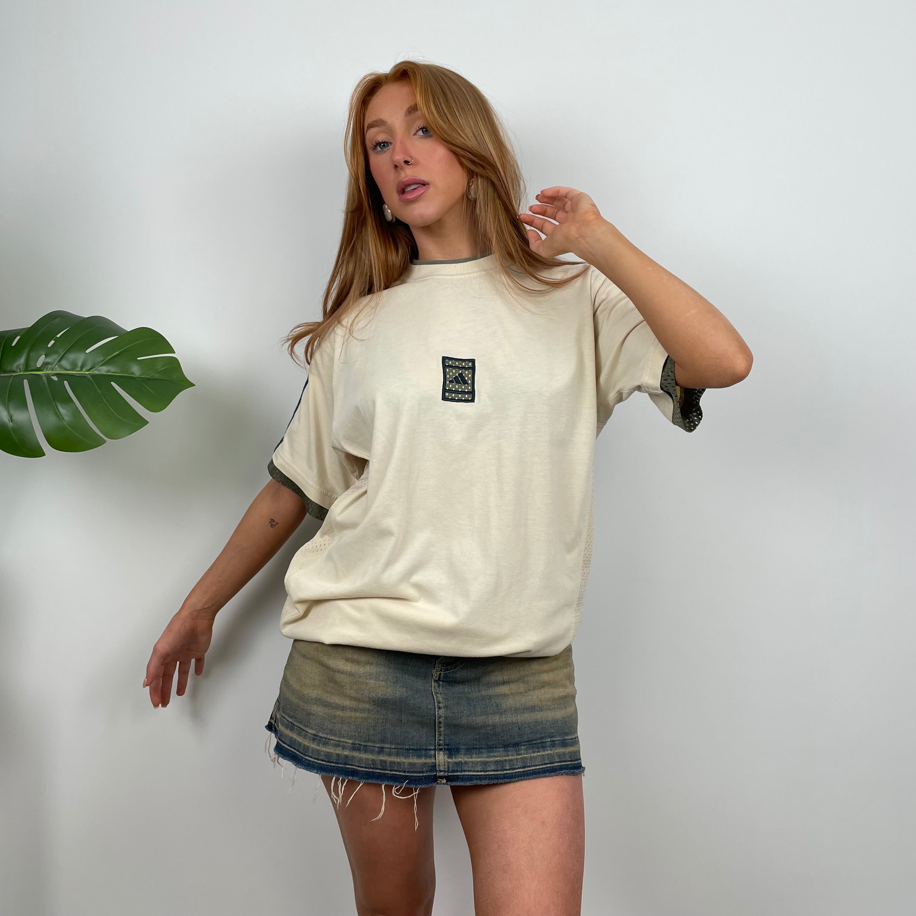 Adidas RARE Cream Embroidered Spell Out T Shirt (L)