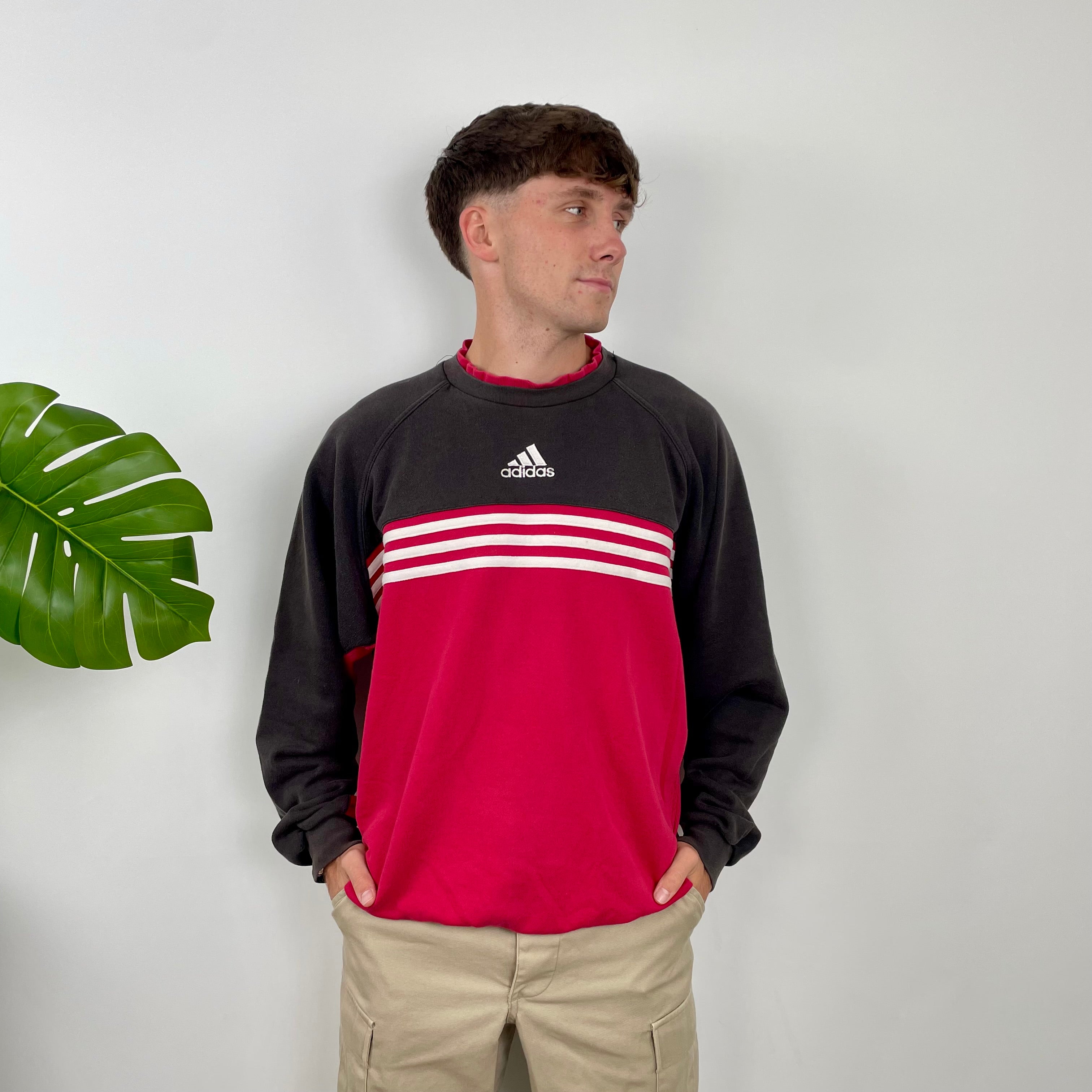 Adidas Red & Black Embroidered Spell Out Colour Block Sweatshirt (L)