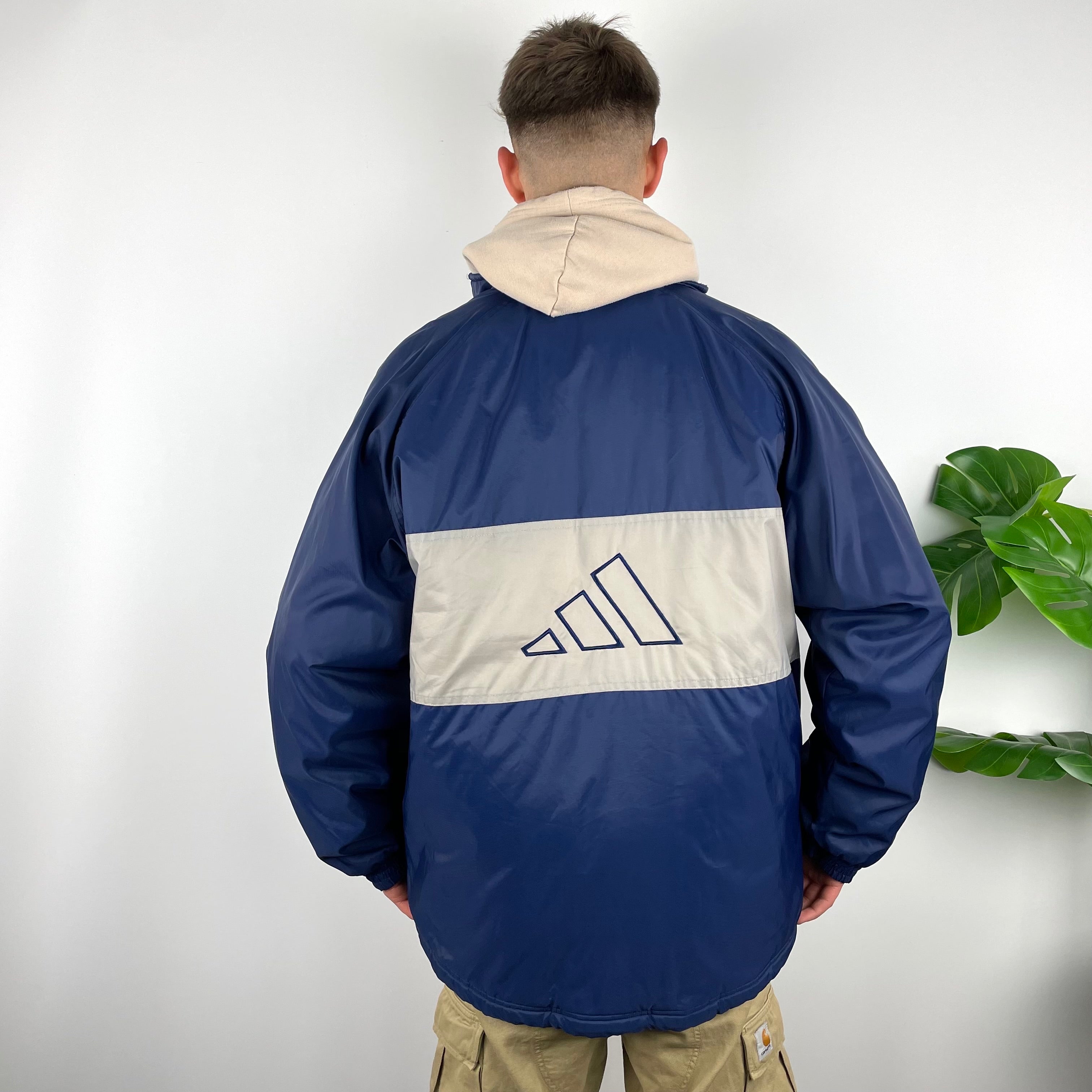 Adidas RARE Navy and Beige Colour Block Embroidered Spell Out Padded Jacket (L)