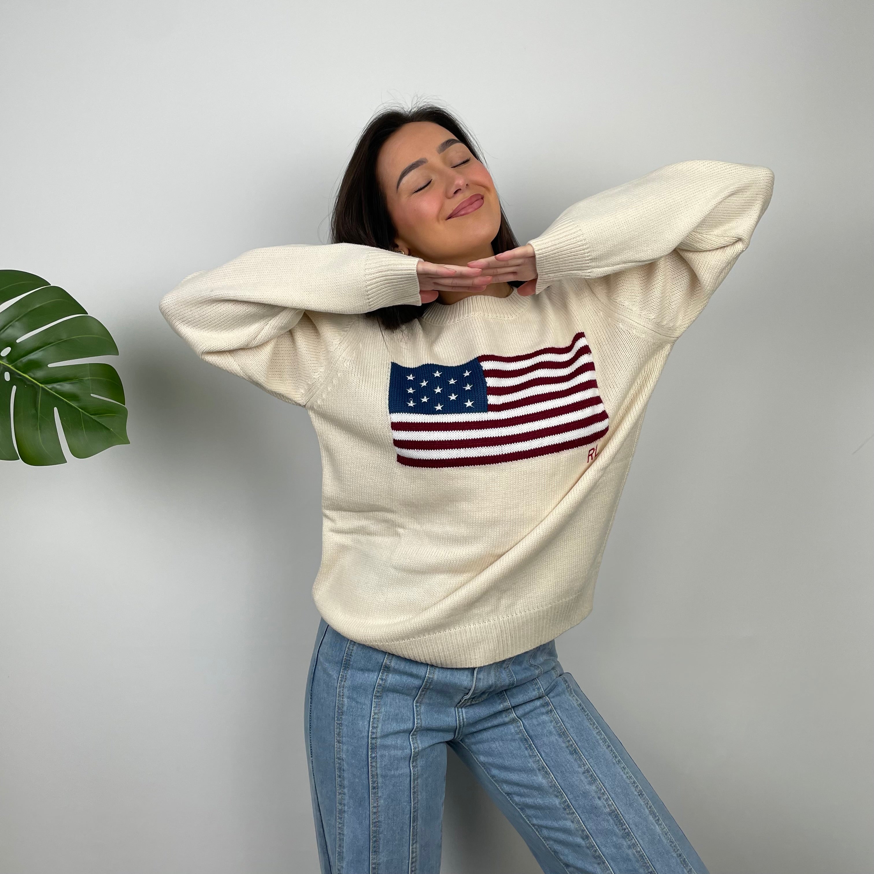 Polo Ralph Lauren Cream Embroidered Spell Out Knitted Sweater (M)