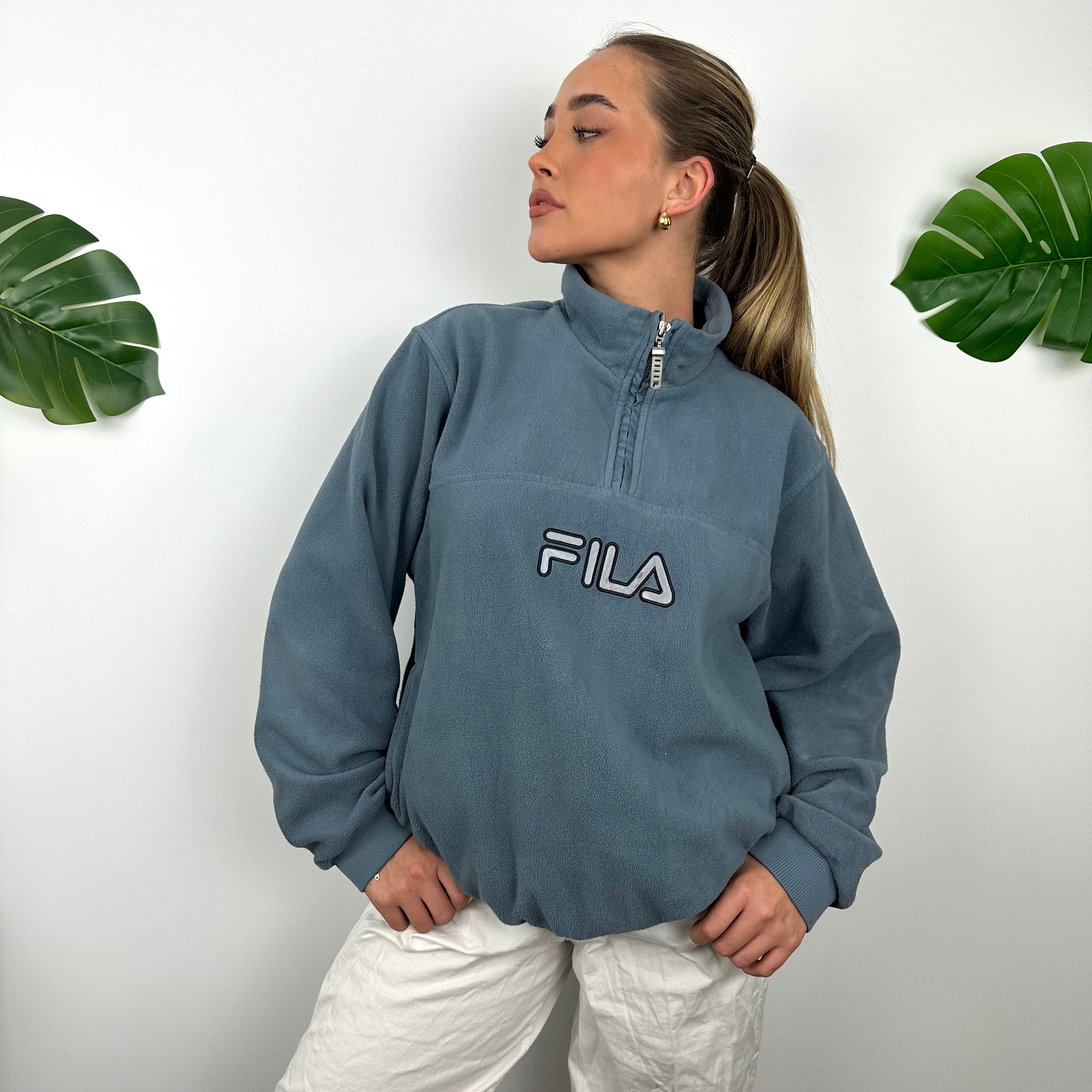 FILA Baby Blue Embroidered Spell Out Teddy Bear Fleece Quarter Zip Sweatshirt (M)