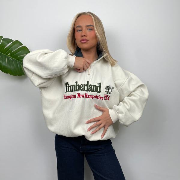 Timberland Cream Embroidered Spell Out Quarter Zip Sweatshirt (M)