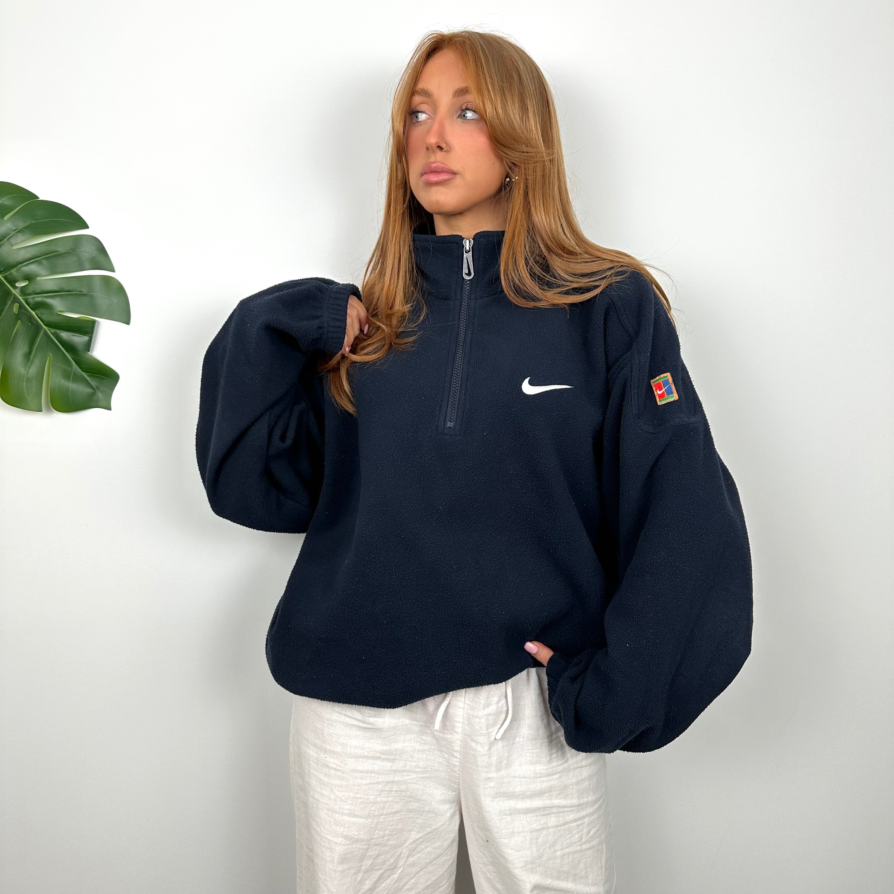 Nike Navy Embroidered Swoosh Teddy Bear Fleece Quarter Zip Sweatshirt (L)