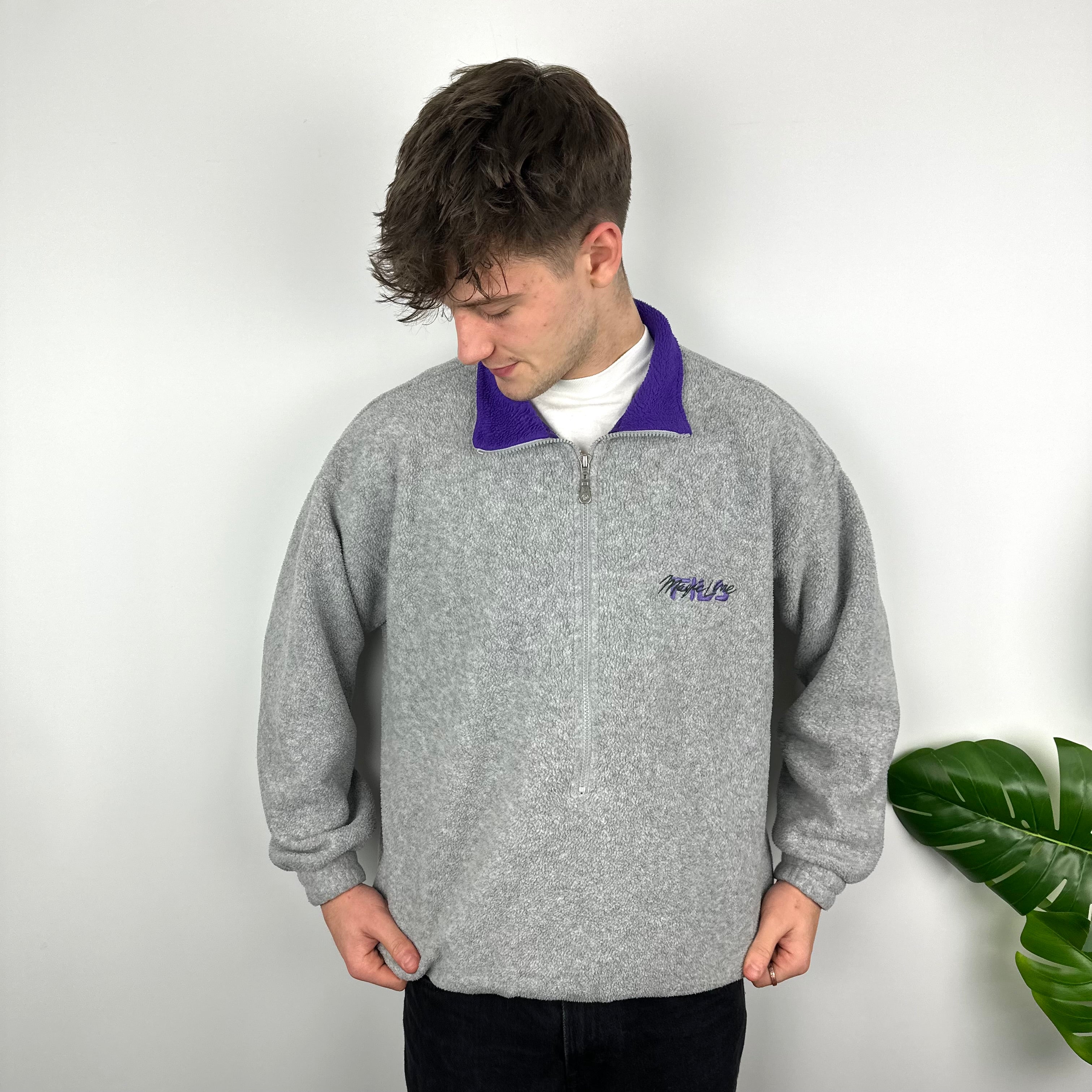 FILA RARE Grey Embroidered Spell Out Teddy Bear Fleece Quarter Zip Sweatshirt (L)