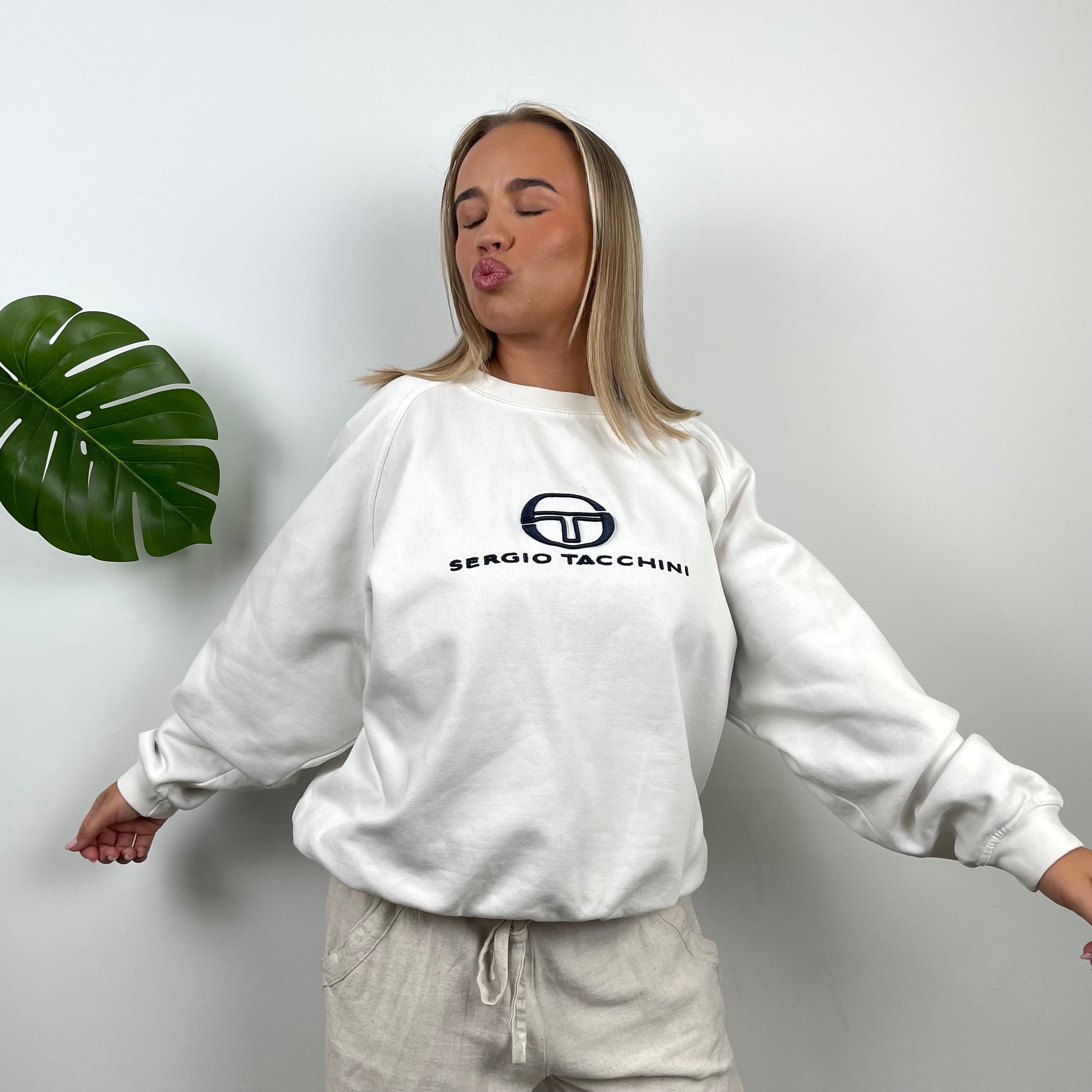 Sergio Tacchini White  Embroidered Spell Out Sweatshirt (L)