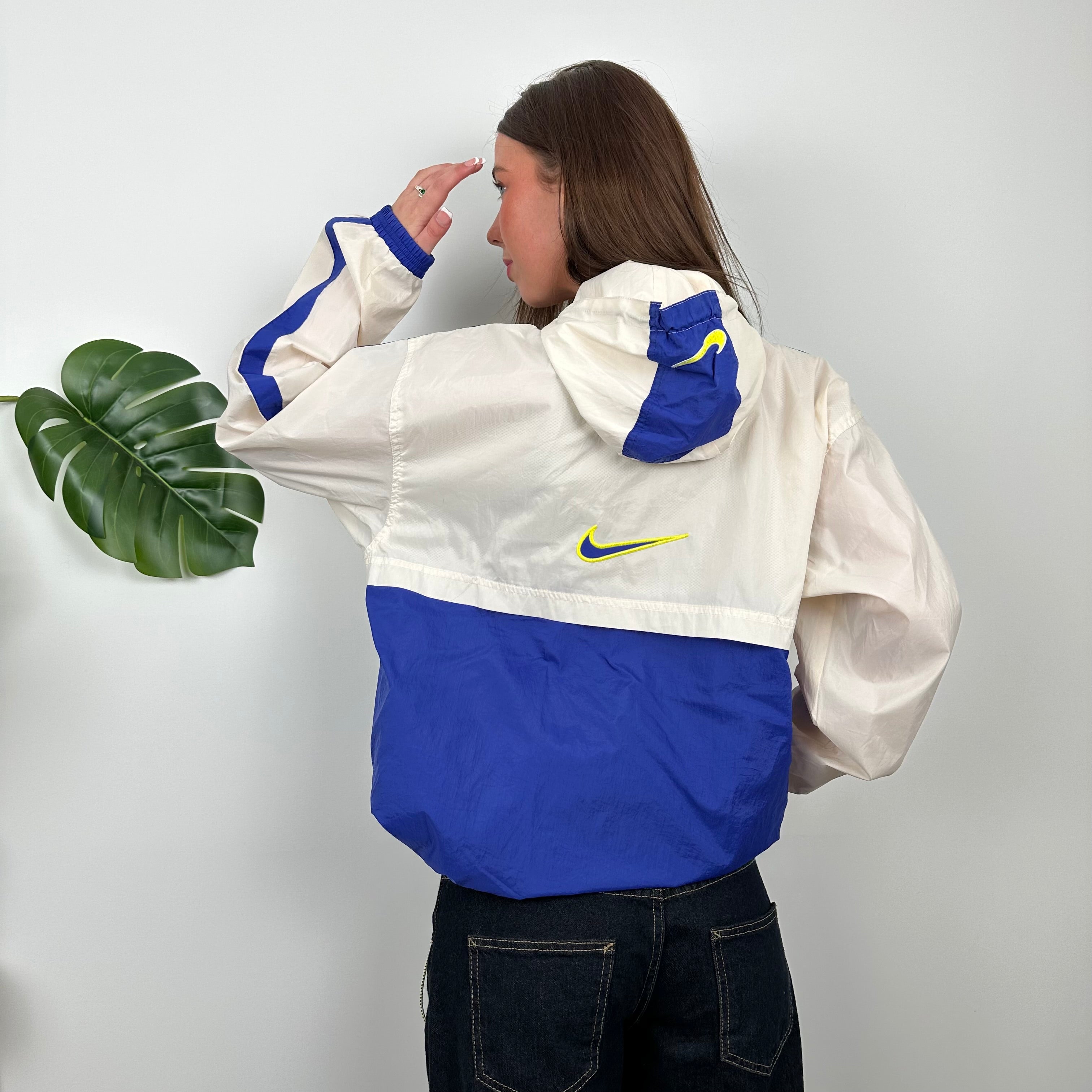 Nike Blue & Cream Embroidered Spell Out Quarter Zip Windbreaker Jacket (M)