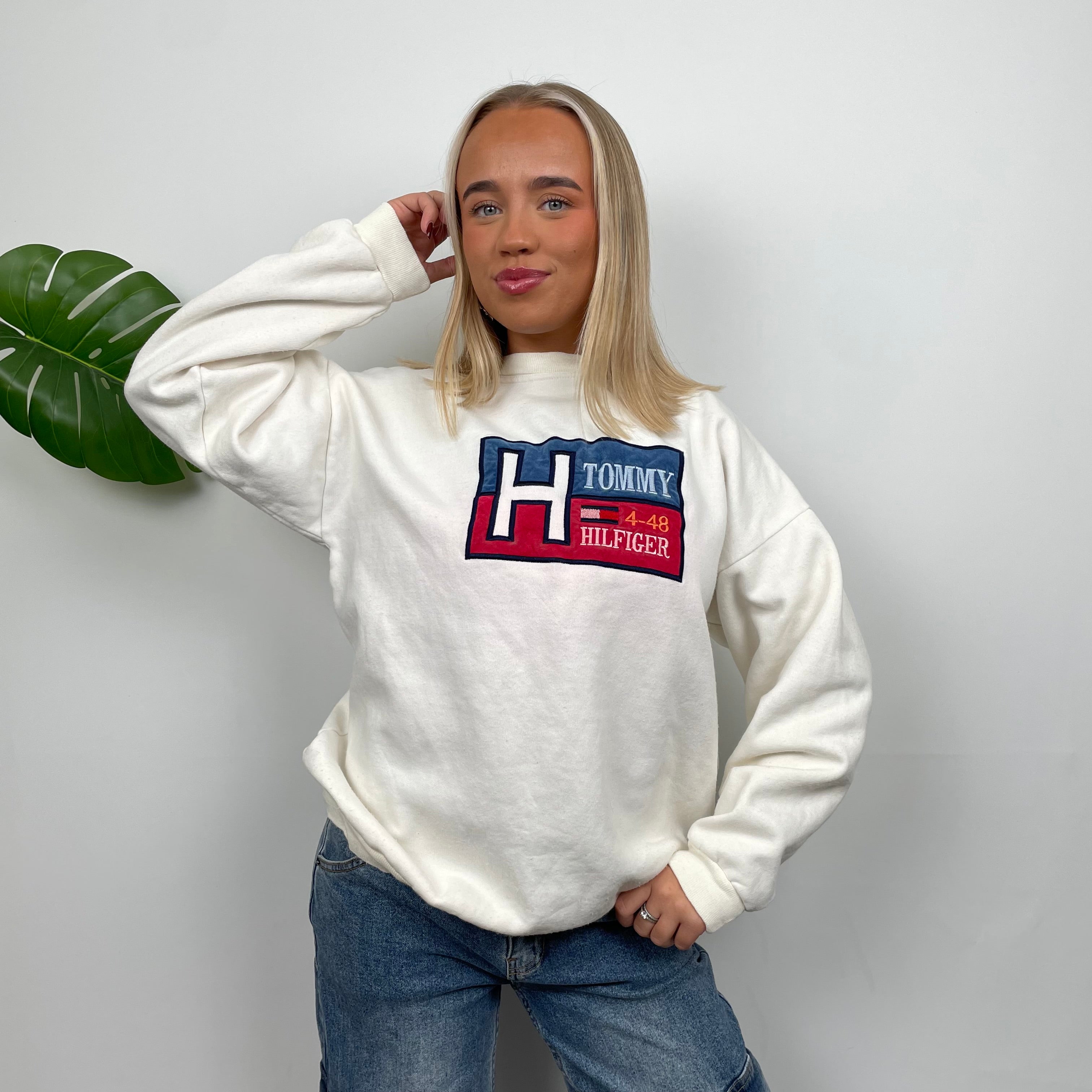 Tommy Hilfiger RARE Cream Embroidered Spell Out Sweatshirt