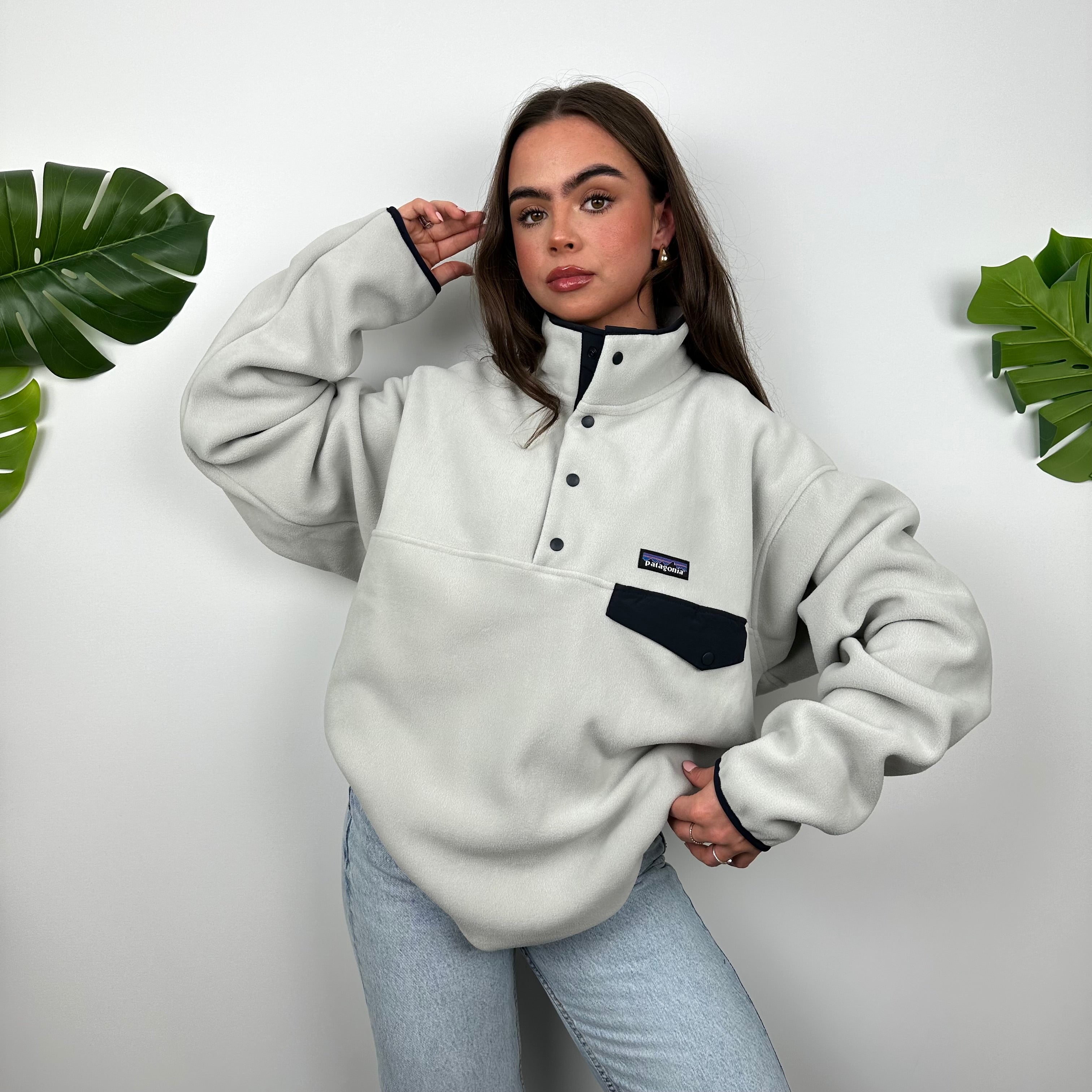 Patagonia Grey Embroidered Spell Out Teddy Bear Fleece Sweatshirt (L)