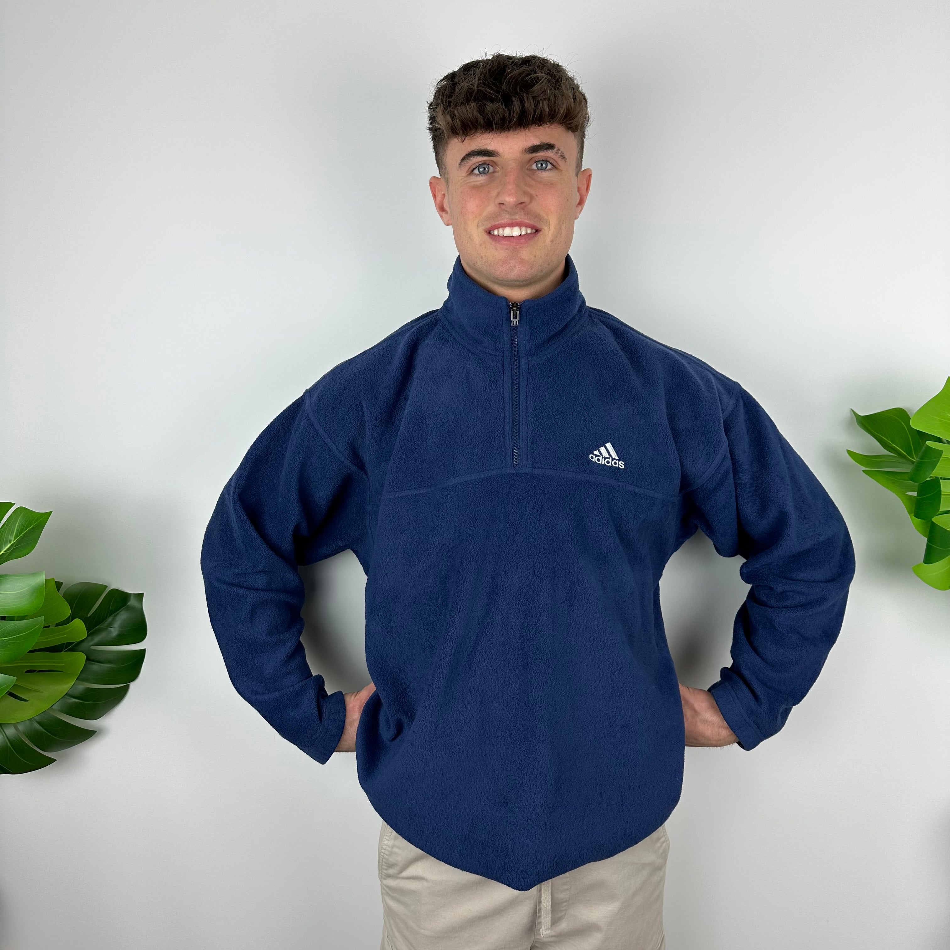 Adidas Navy Embroidered Spell Out Teddy Bear Fleece Quarter Zip Sweatshirt (L)