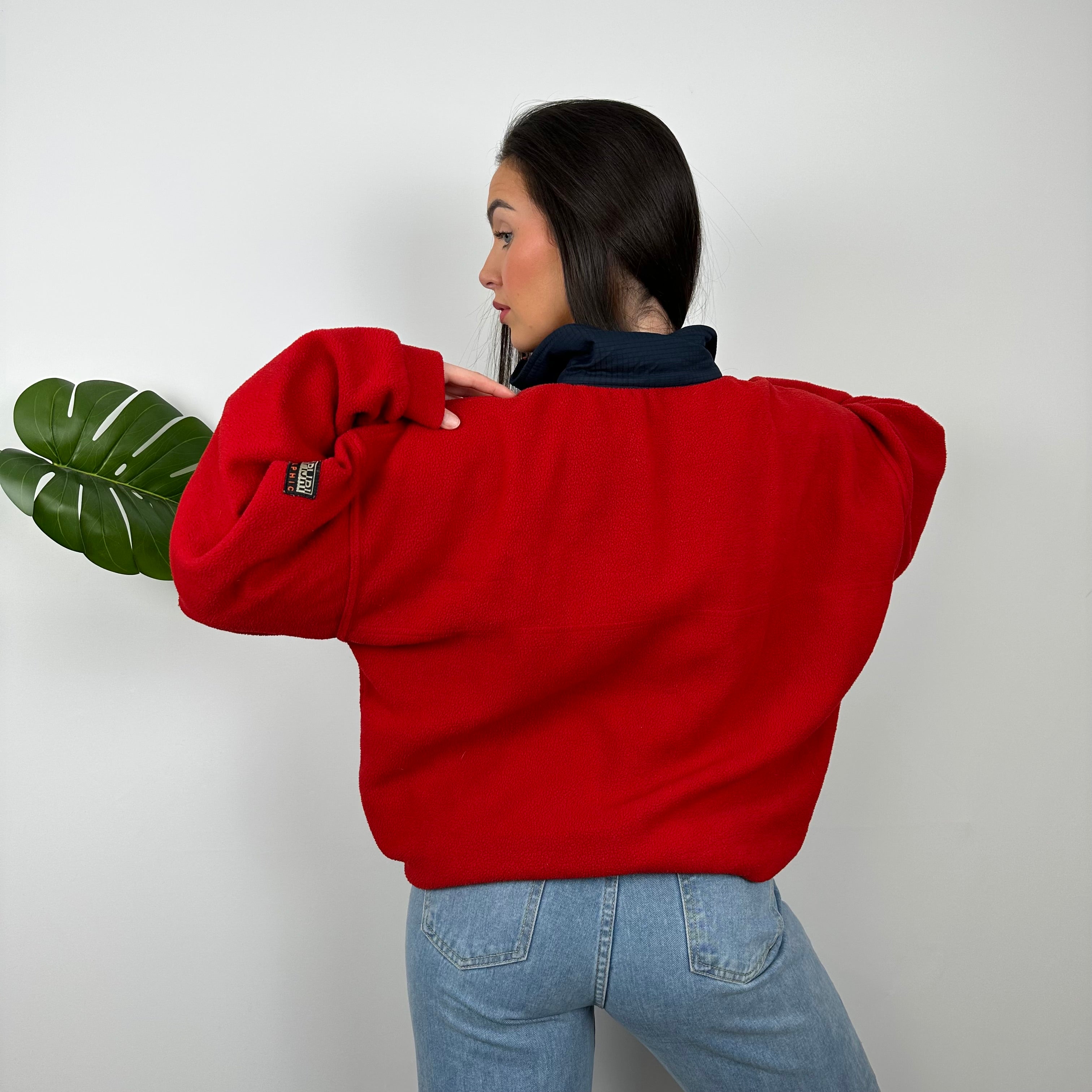 Napapijri Red Embroidered Spell Out Teddy Bear Fleece Quarter Zip (M)