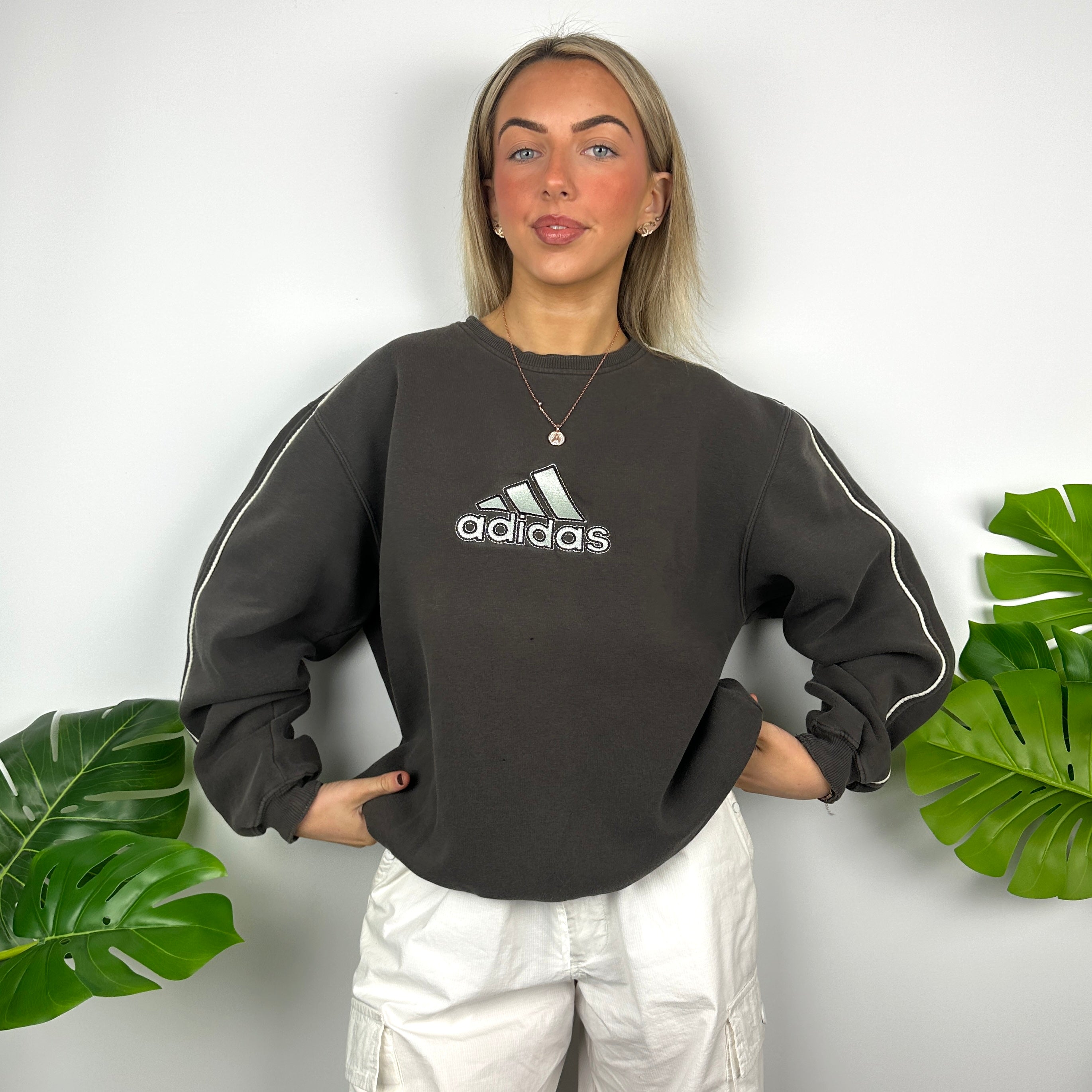 Adidas Mocha Brown Embroidered Spell Out Sweatshirt (M)