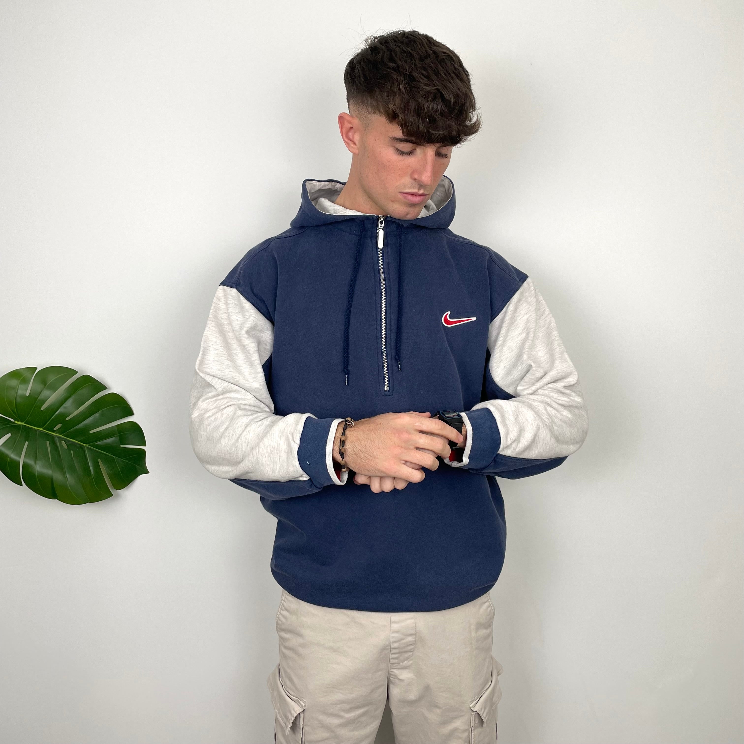 Nike RARE Navy Embroidered Swoosh Quarter Zip Hoodie (L)