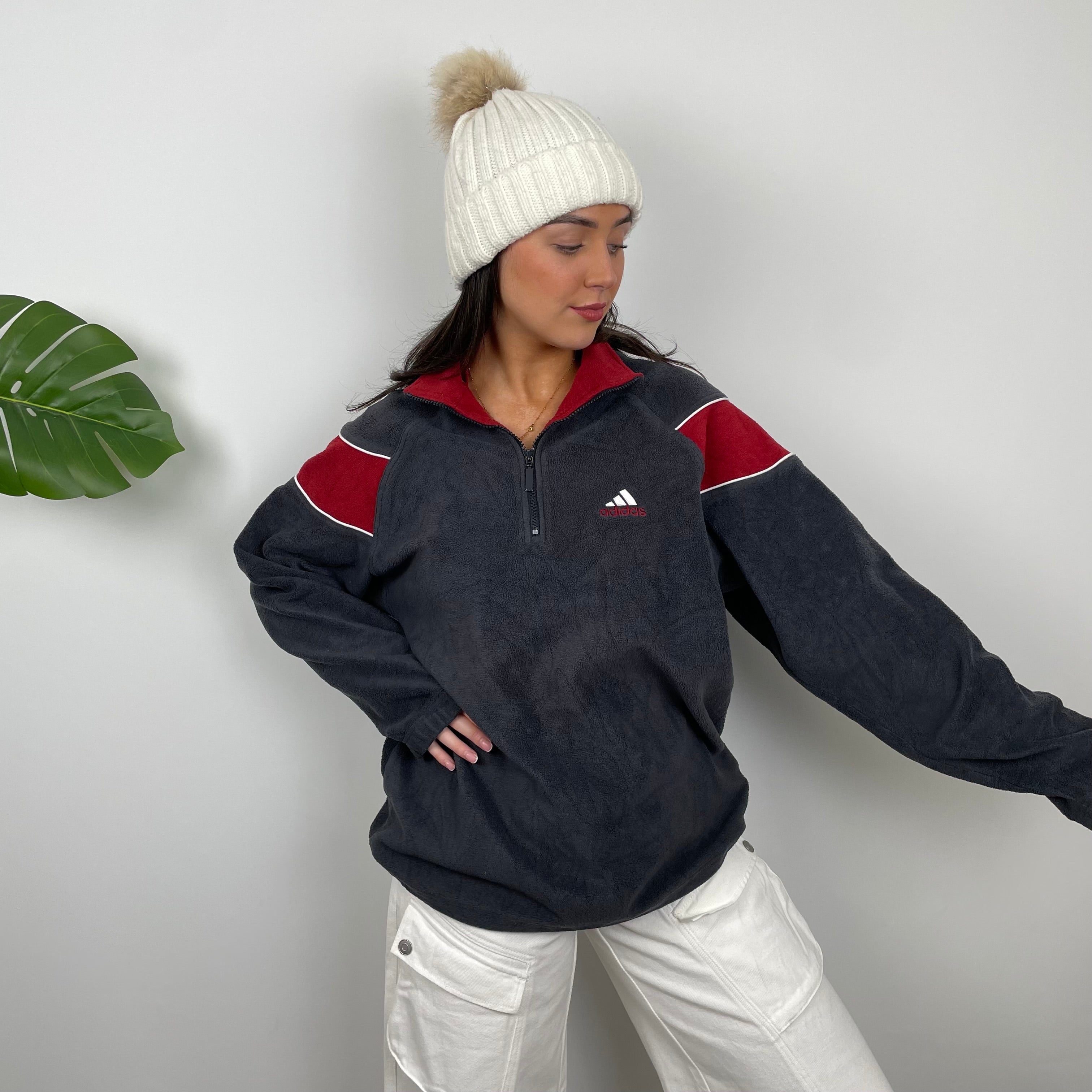 Adidas Grey Embroidered Spell Out Teddy Bear Fleece Quarter Zip Sweatshirt (XL)
