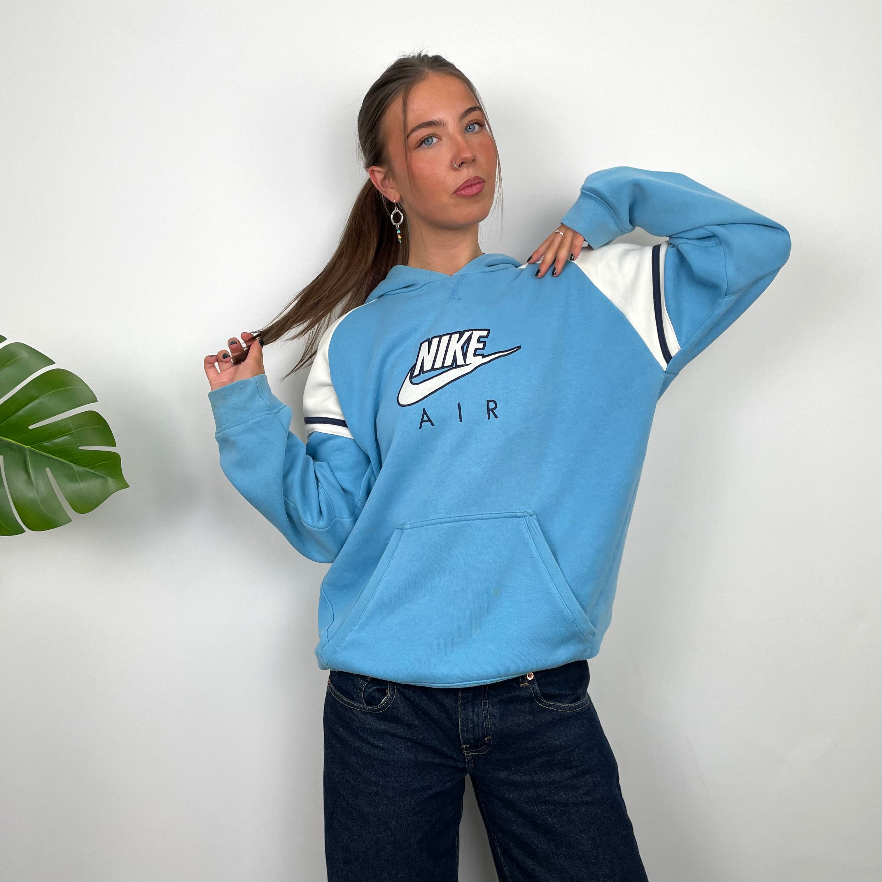 Nike Air RARE White & Baby Blue Embroidered Spell Out Hoodie (L)