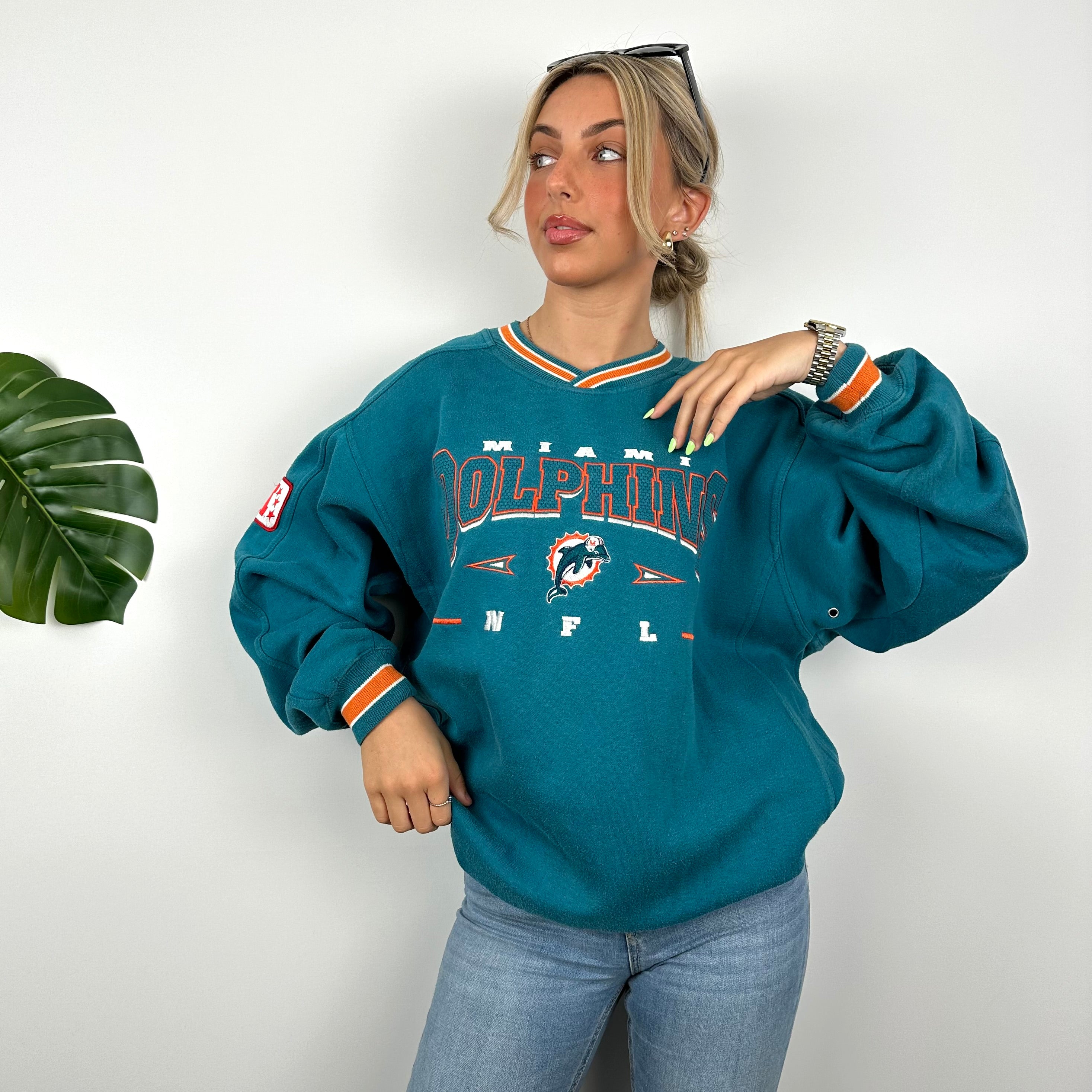 NFL Miami Dolphins Turquoise Embroidered Spell Out Sweatshirt (L)