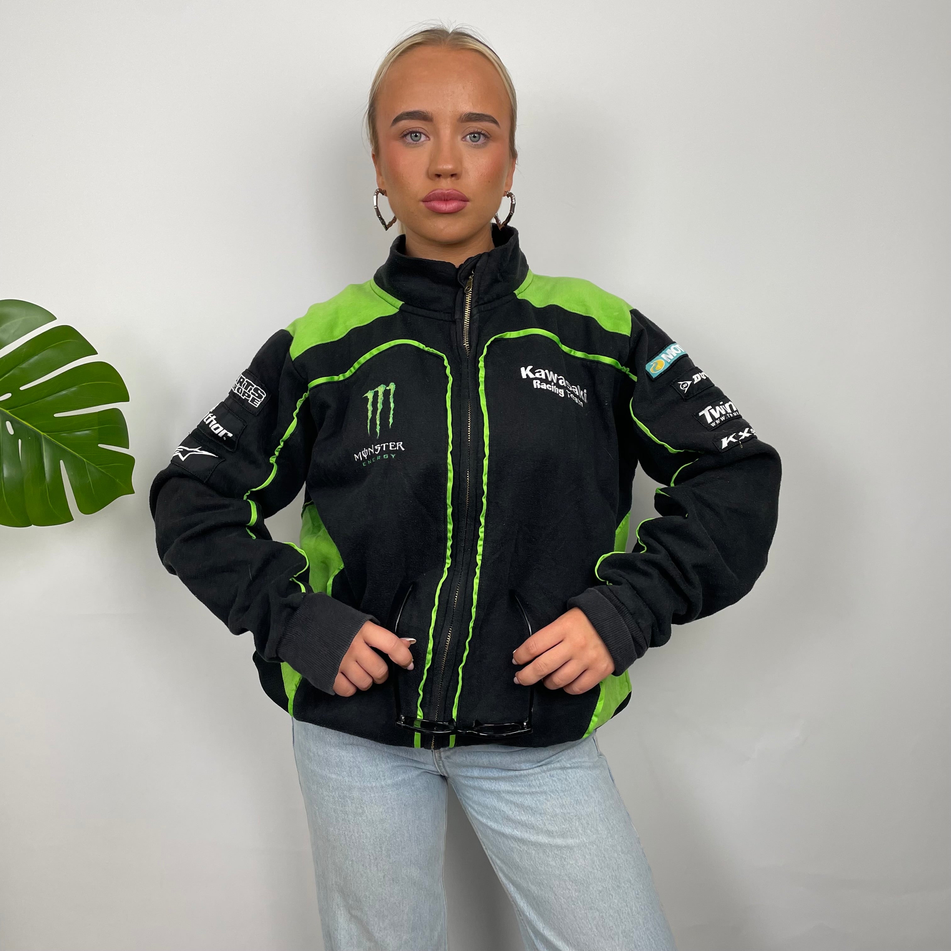 Monster Energy Racing Team Black Embroidered Spell Out Zip Up Hoodie Jacket (L)