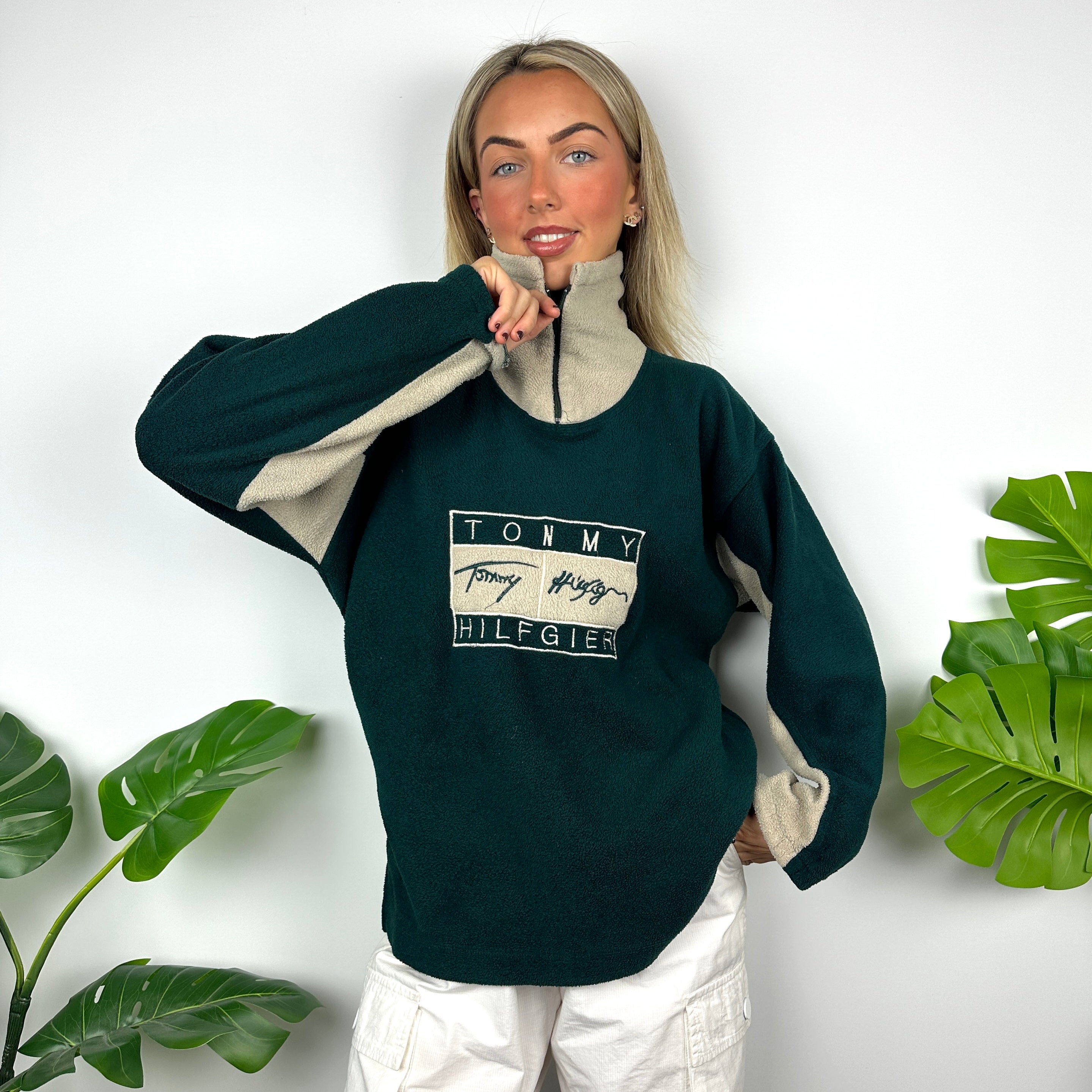 Tommy Hilfiger Green Embroidered Spell Out Teddy Bear Fleece Quarter Zip Sweatshirt (M)