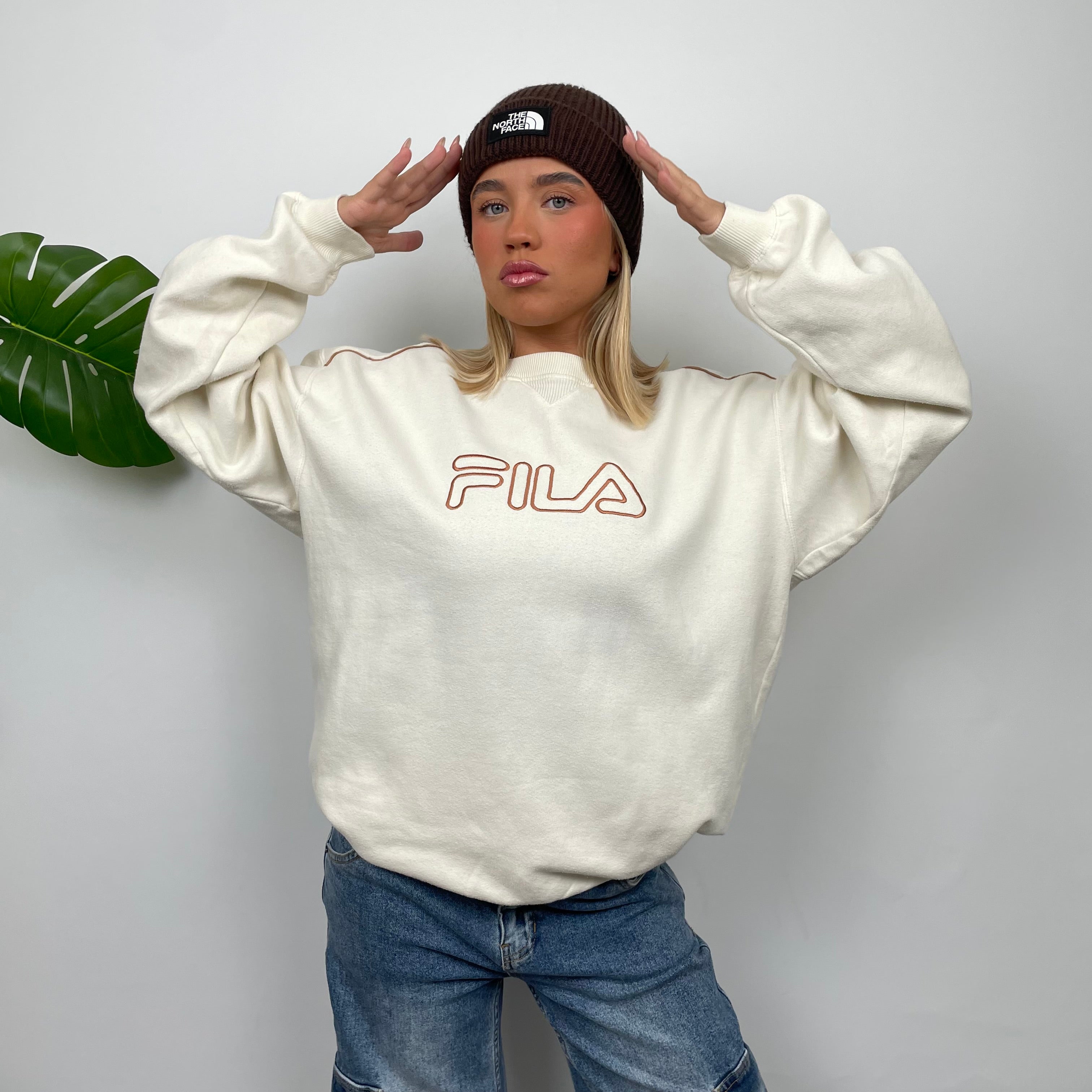 FILA Cream Embroidered Spell Out Sweatshirt (L)